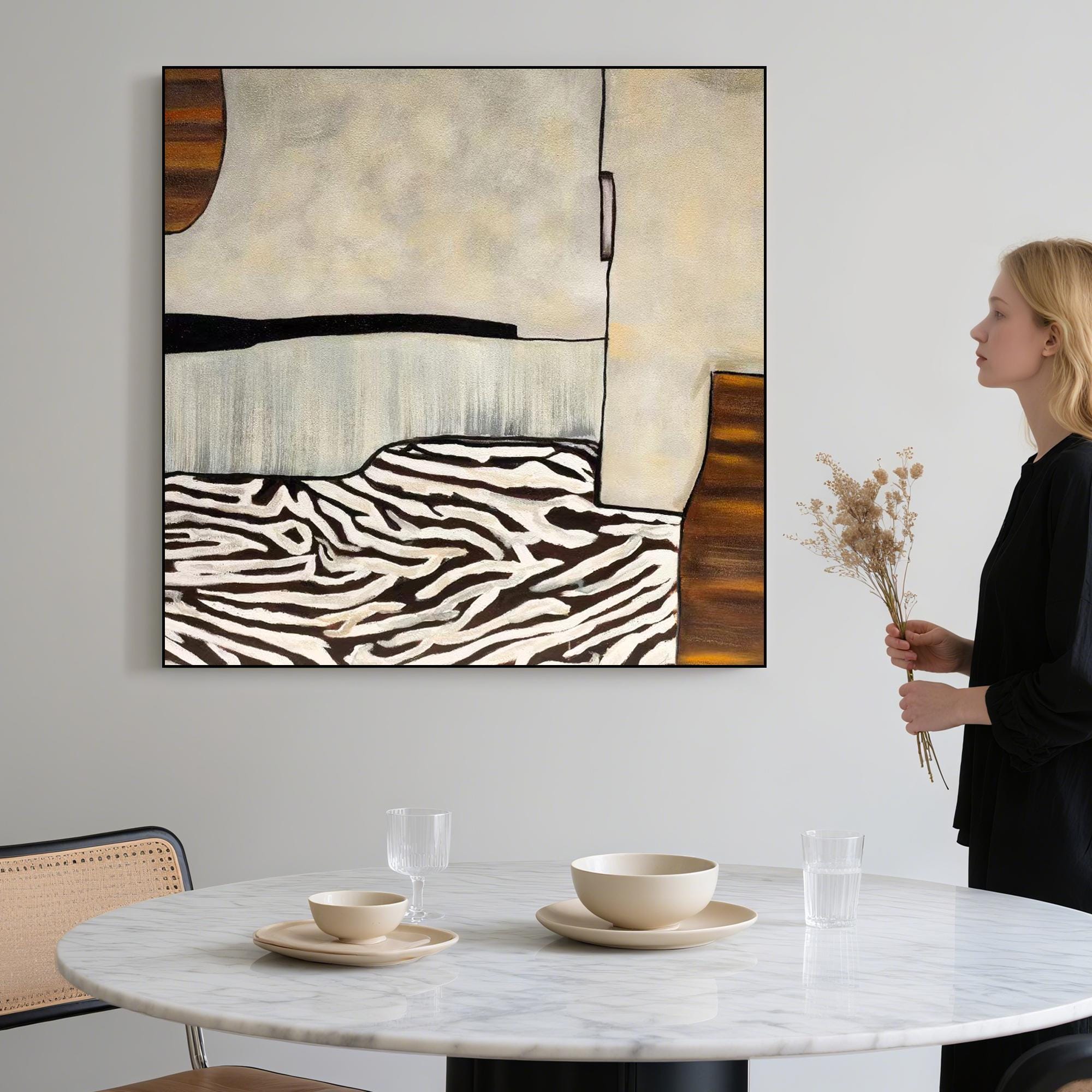 Neutral Abstract Zebra Texture Oil Painting | Original Hand Painted Modern Art Canvas | Beige Wall Decor for Minimalist Earth Tone Interiors