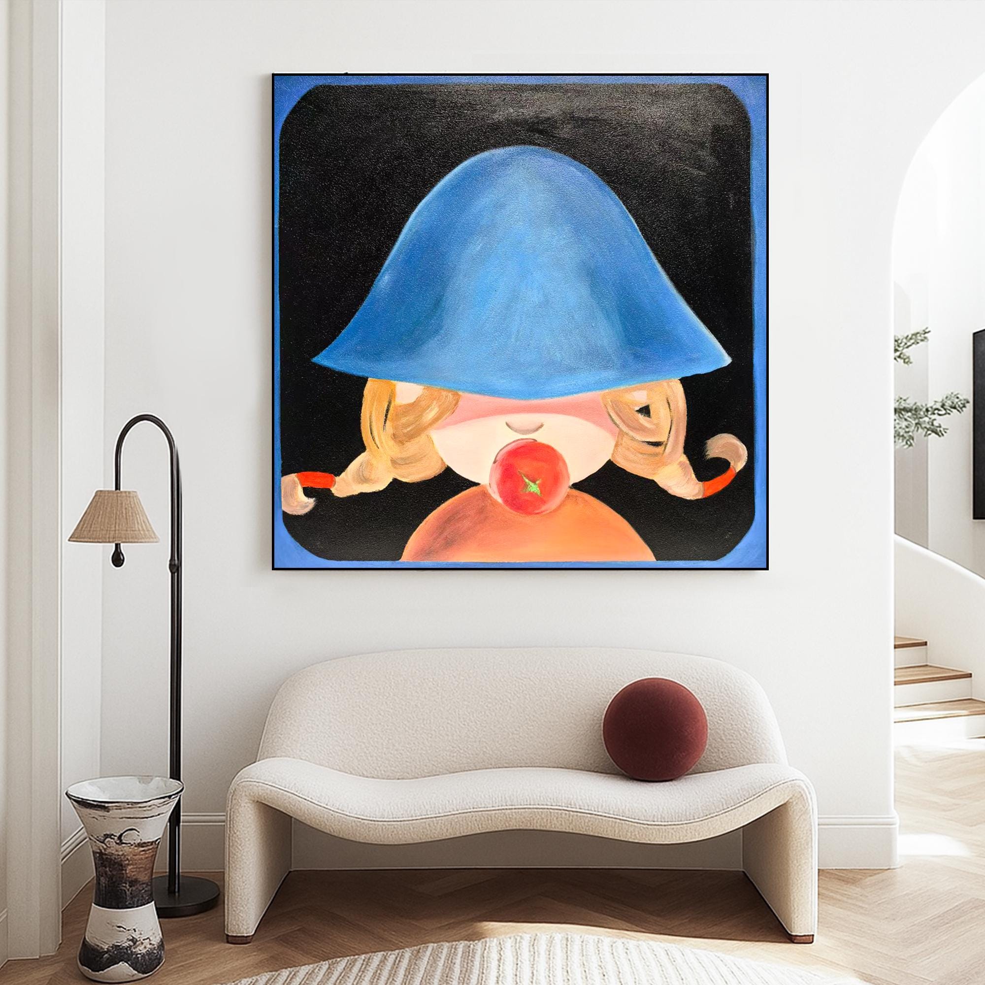 Whimsical Girl With Tomato Art | Hand Painted Original Oil Painting On Canvas | Cute Modern Wall Art For Kids Room Or Playful Home Decor