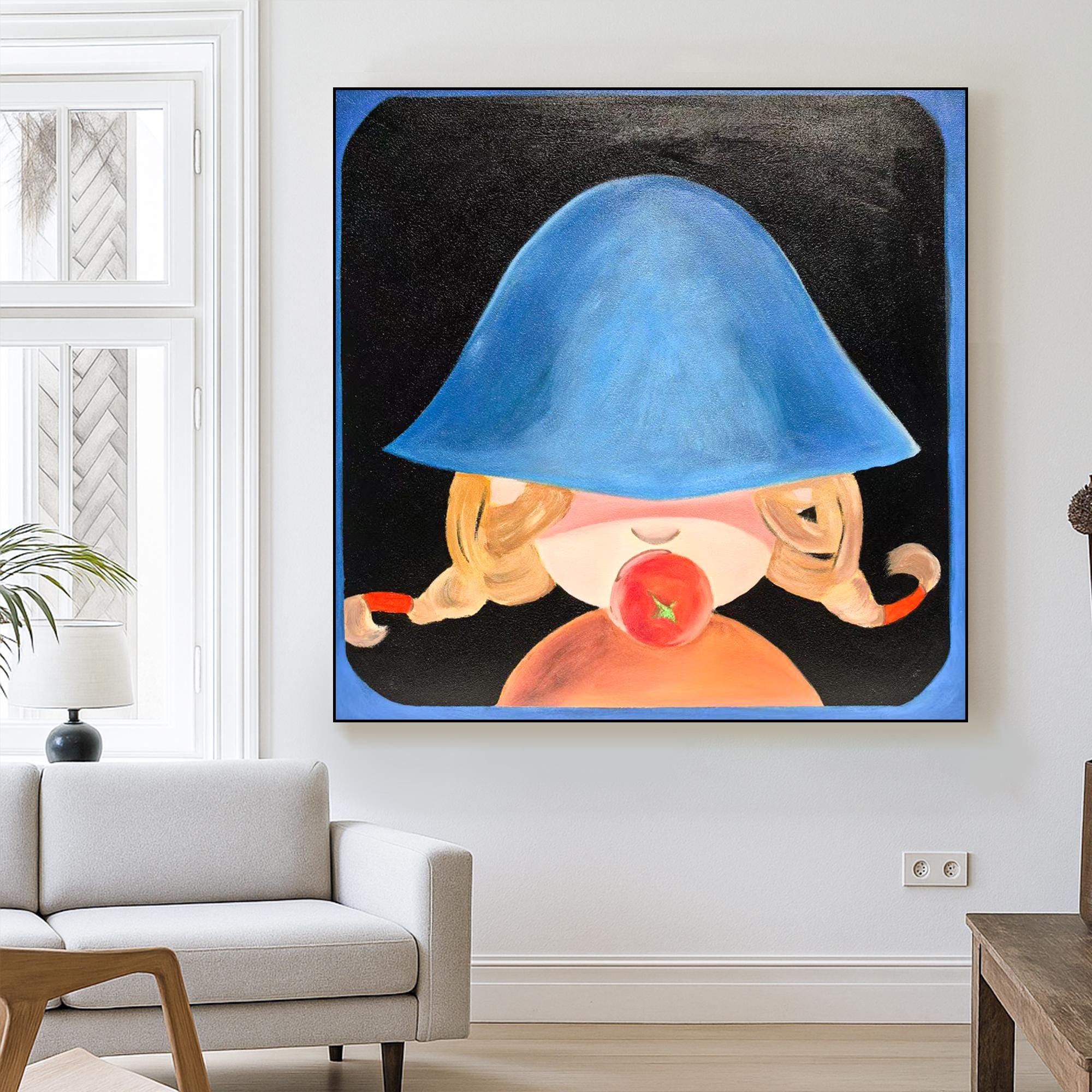 Whimsical Girl With Tomato Art | Hand Painted Original Oil Painting On Canvas | Cute Modern Wall Art For Kids Room Or Playful Home Decor