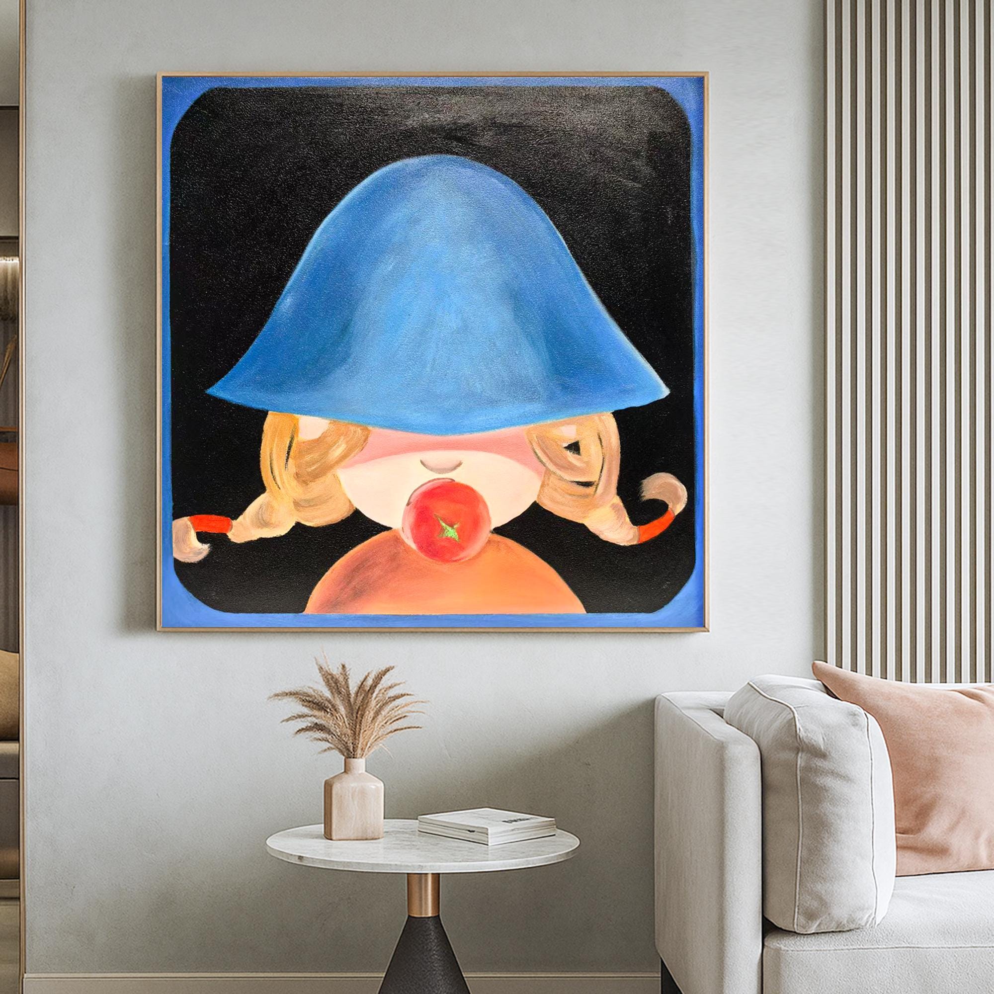 Whimsical Girl With Tomato Art | Hand Painted Original Oil Painting On Canvas | Cute Modern Wall Art For Kids Room Or Playful Home Decor
