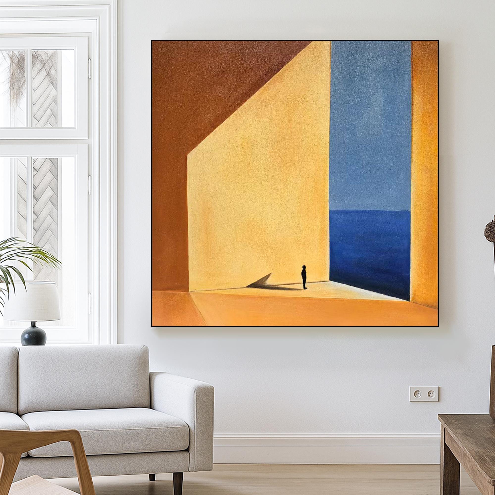 Minimalist Ocean View Oil Painting | Surreal Landscape Wall Art With Small Figure | Original Hand Painted Canvas For Modern Home Decor