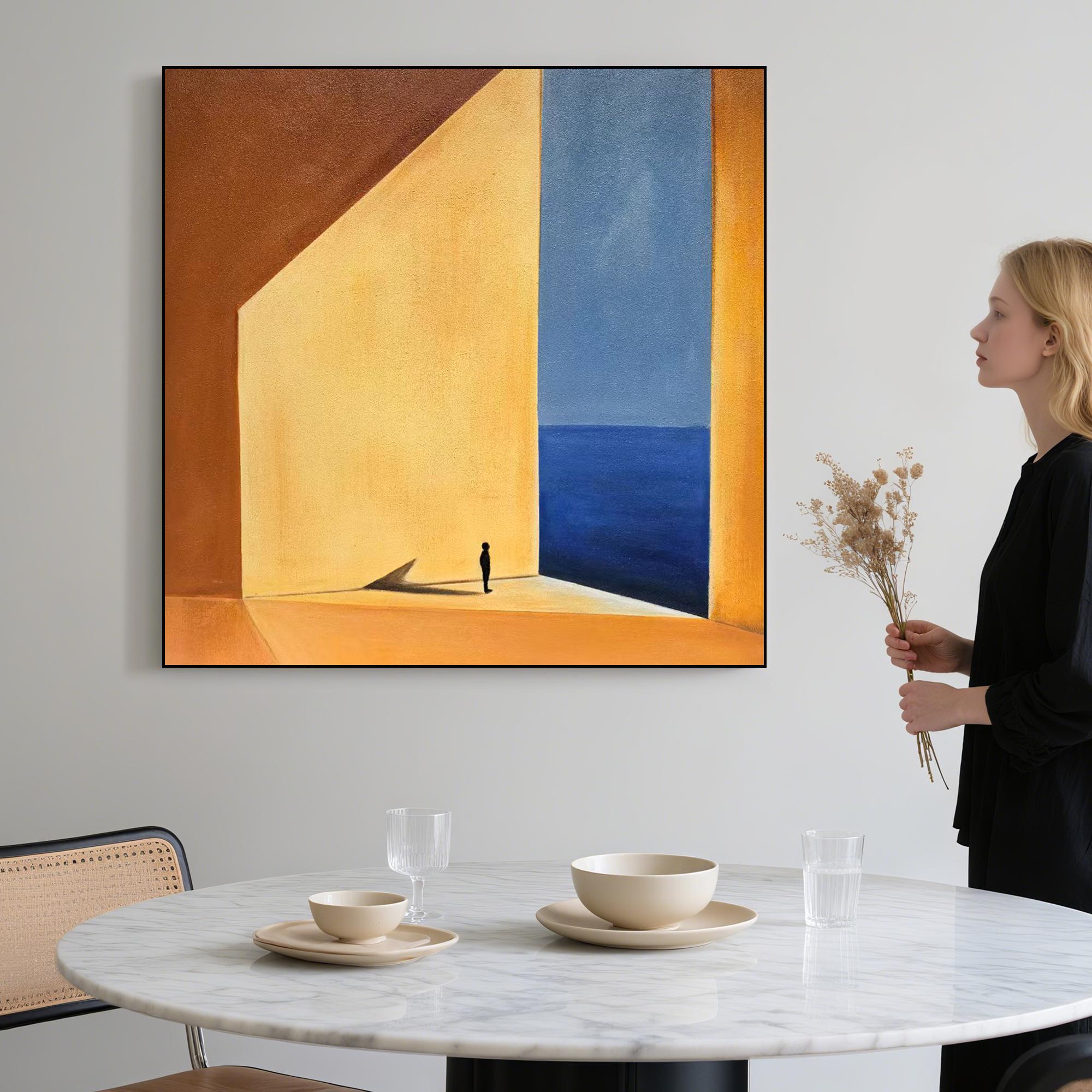 Minimalist Ocean View Oil Painting | Surreal Landscape Wall Art With Small Figure | Original Hand Painted Canvas For Modern Home Decor