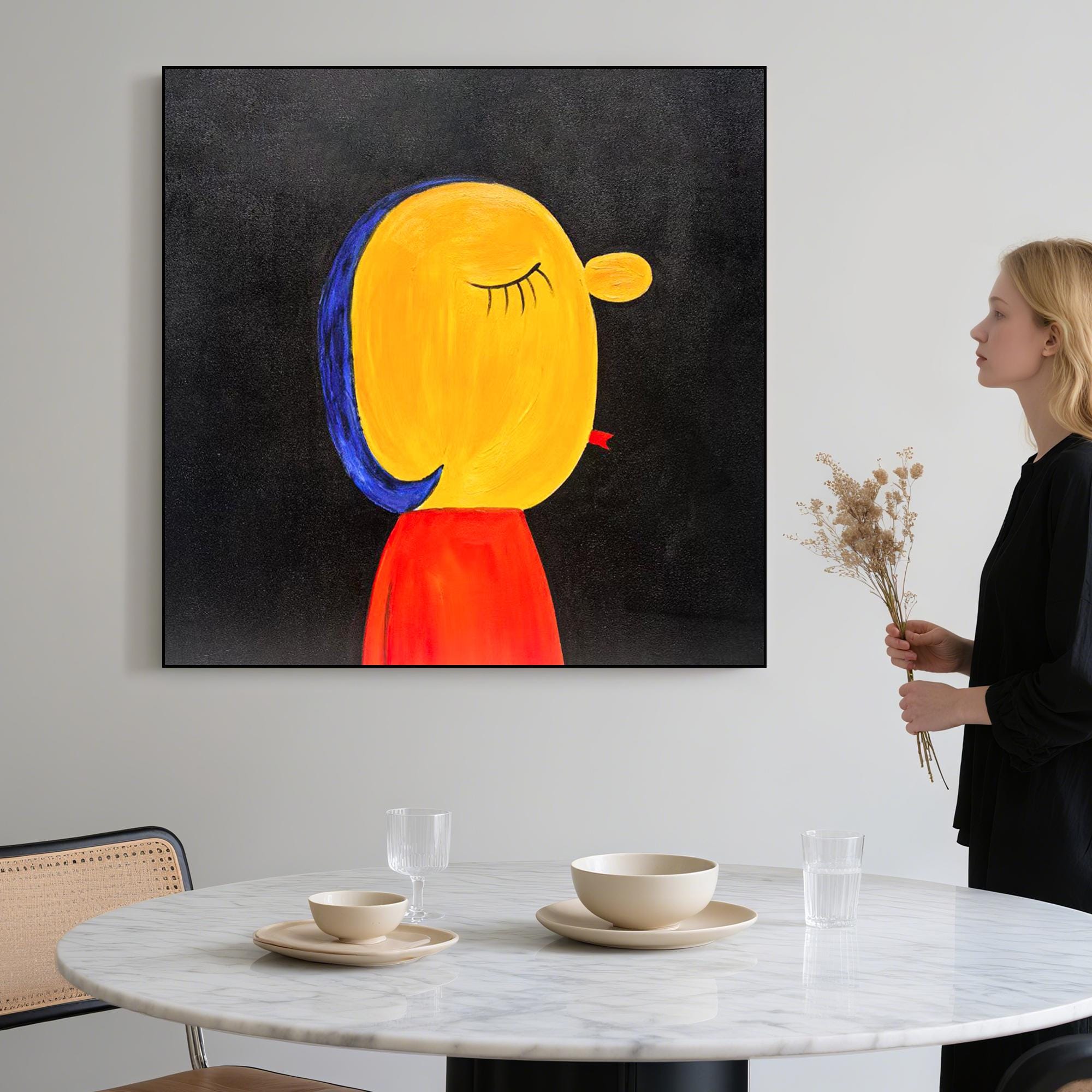 Minimalist Abstract Portrait Painting on Canvas, Modern Whimsical Girl Wall Art, Bold Colorful Face Art for Creative Kids Room Decor