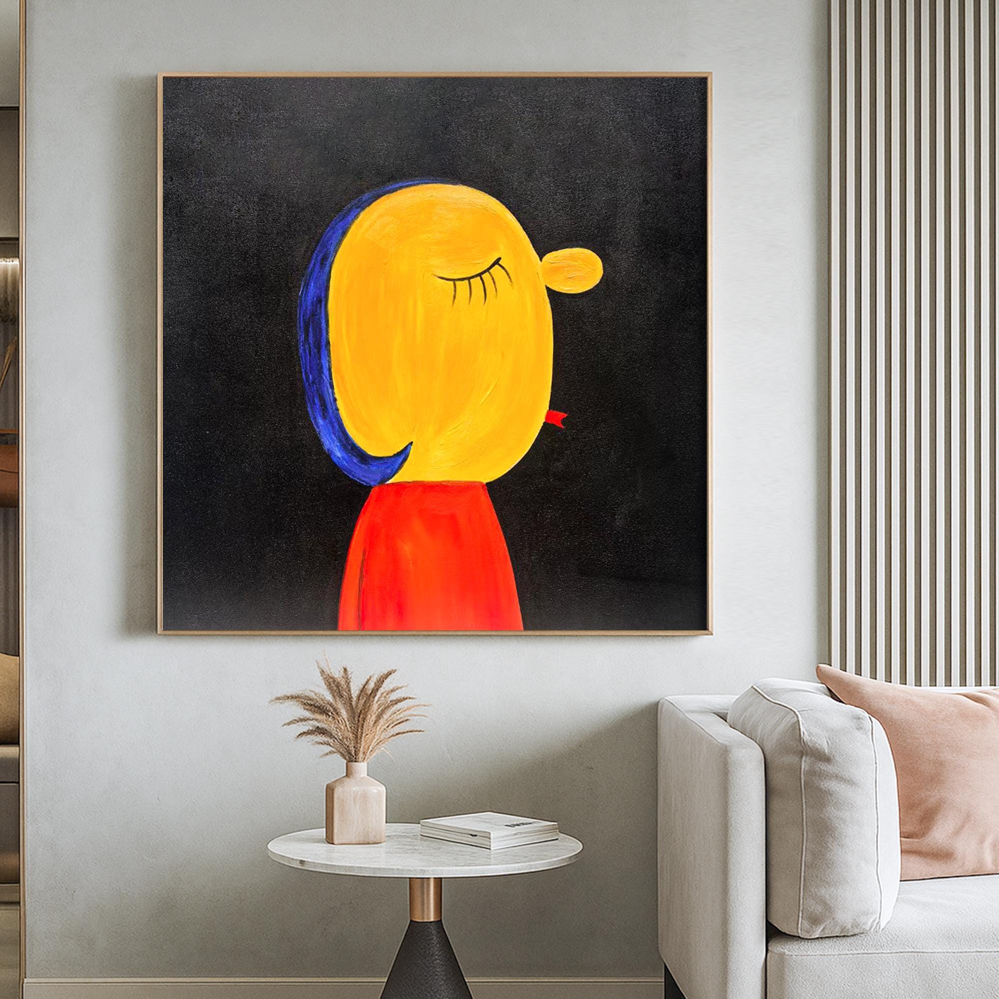 Minimalist Abstract Portrait Painting on Canvas, Modern Whimsical Girl Wall Art, Bold Colorful Face Art for Creative Kids Room Decor