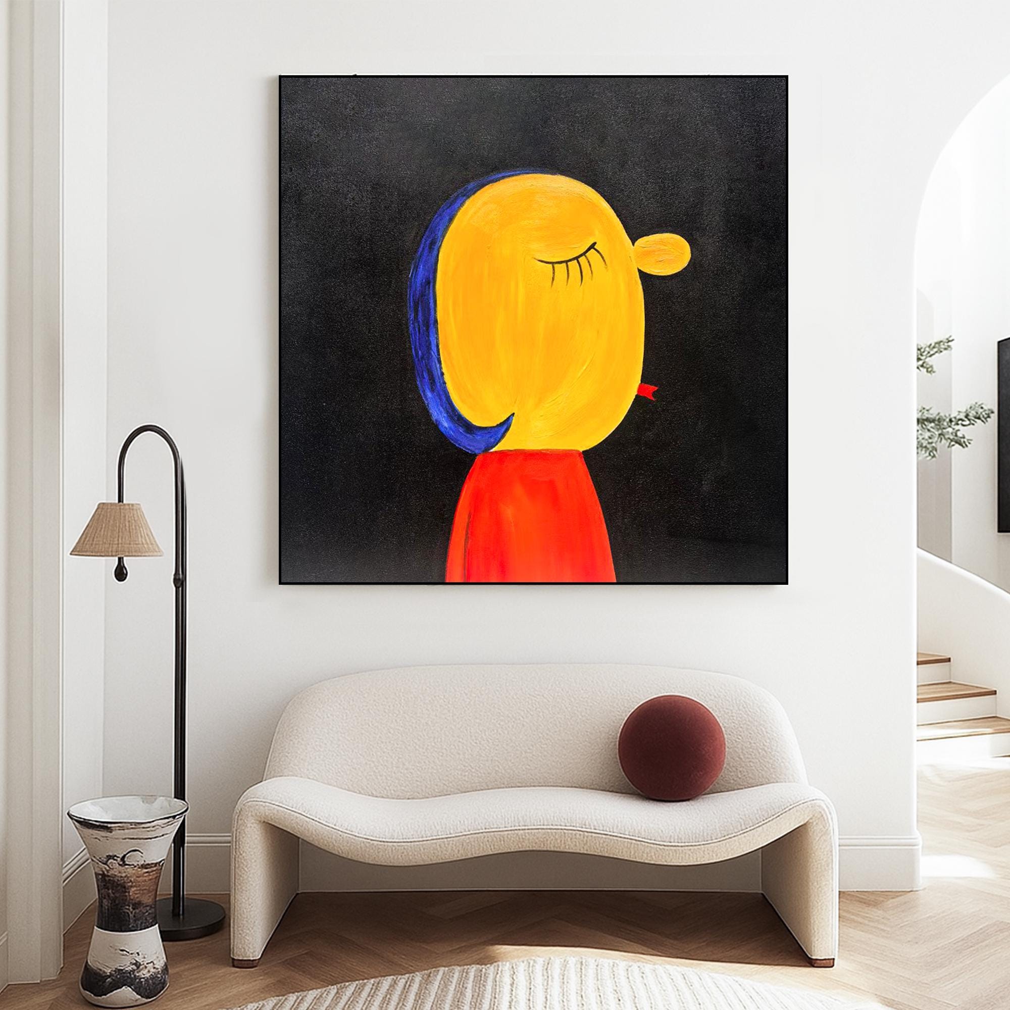 Minimalist Abstract Portrait Painting on Canvas, Modern Whimsical Girl Wall Art, Bold Colorful Face Art for Creative Kids Room Decor