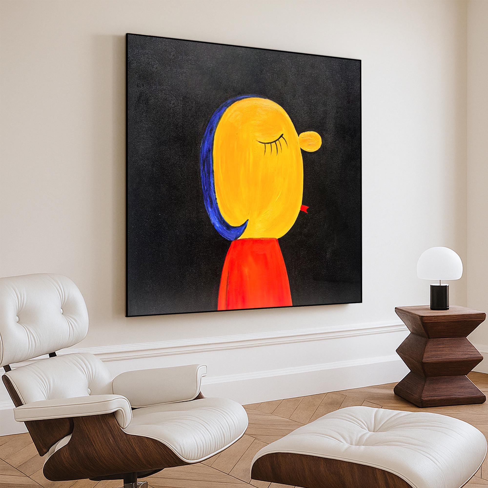 Minimalist Abstract Portrait Painting on Canvas, Modern Whimsical Girl Wall Art, Bold Colorful Face Art for Creative Kids Room Decor