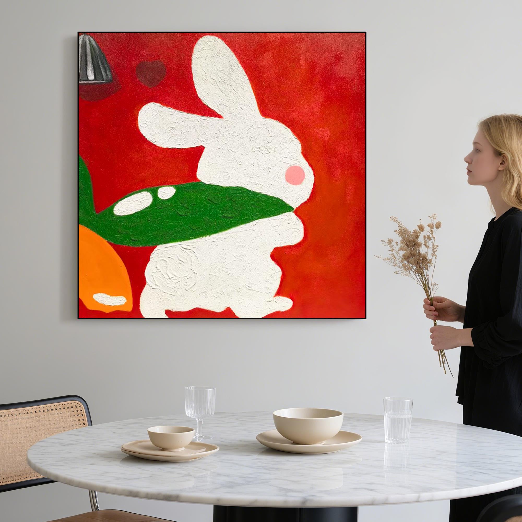 Textured Bunny Wall Art Original Oil Painting on Canvas, Cute White Rabbit Artwork for Nursery Room, Bold Red Animal Decor for Holiday Gift
