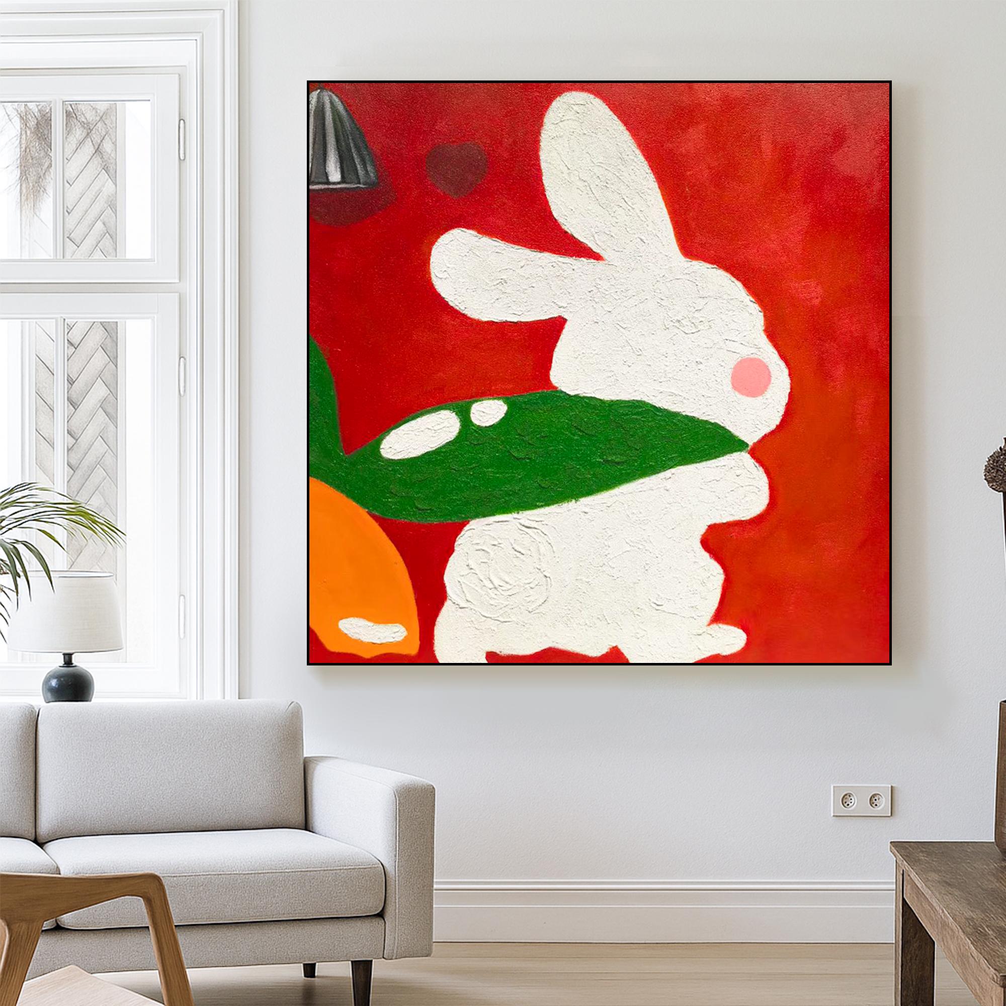 Textured Bunny Wall Art Original Oil Painting on Canvas, Cute White Rabbit Artwork for Nursery Room, Bold Red Animal Decor for Holiday Gift
