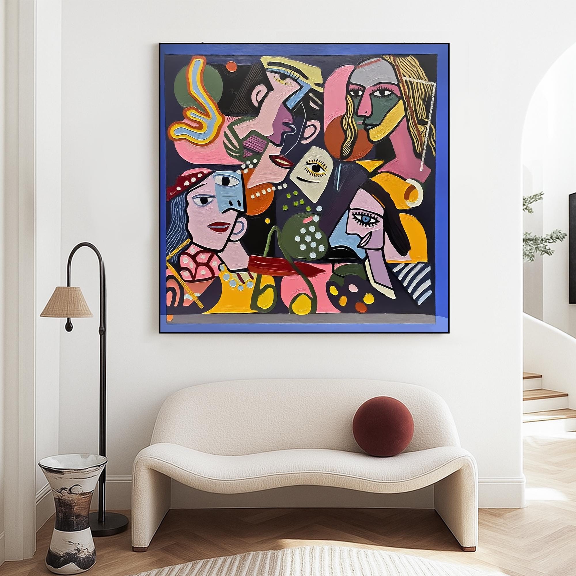 Cubist Portrait Painting on Canvas, Original Bold Figurative Wall Art, Hand Painted Abstract Faces Artwork for Modern Eclectic Decor