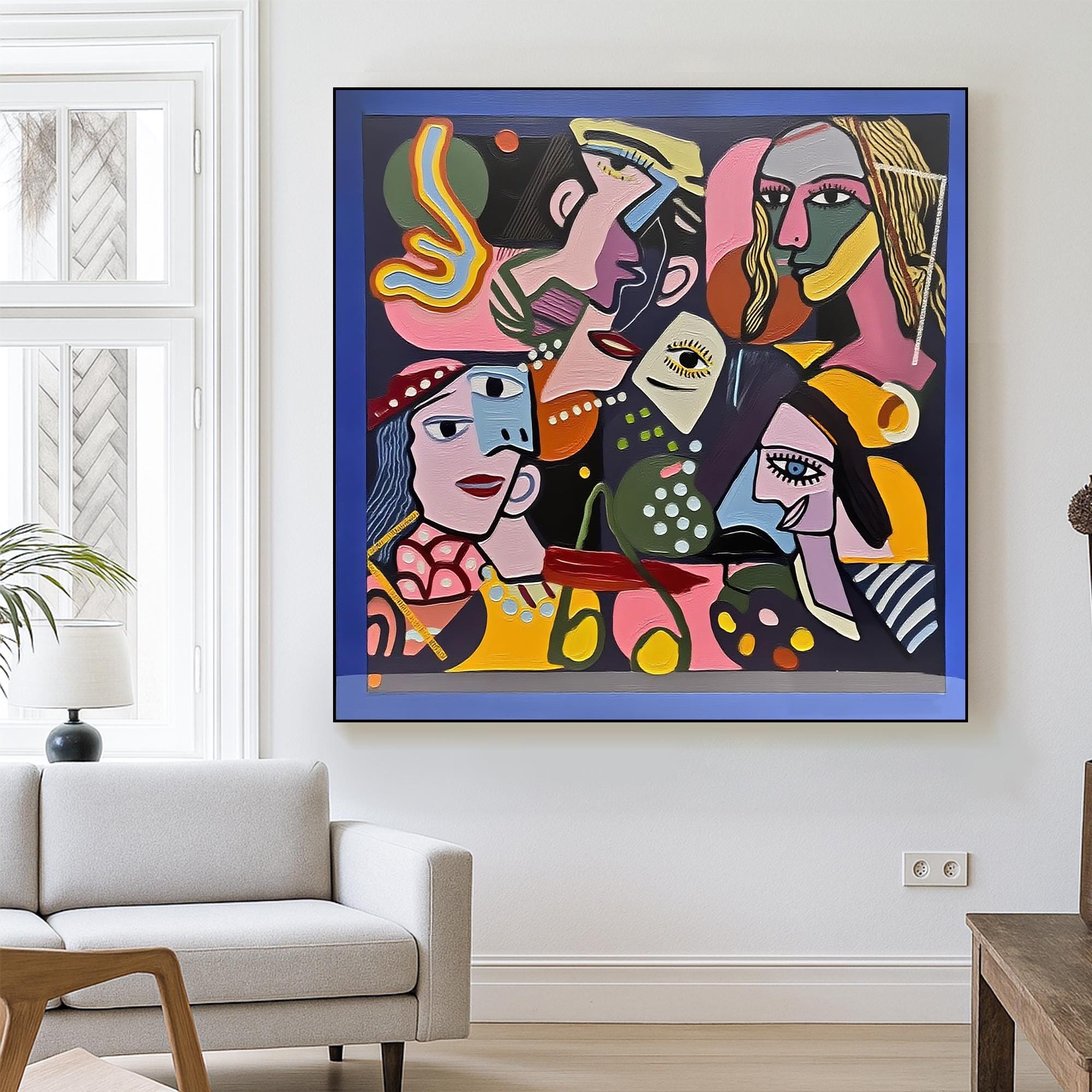 Cubist Portrait Painting on Canvas, Original Bold Figurative Wall Art, Hand Painted Abstract Faces Artwork for Modern Eclectic Decor