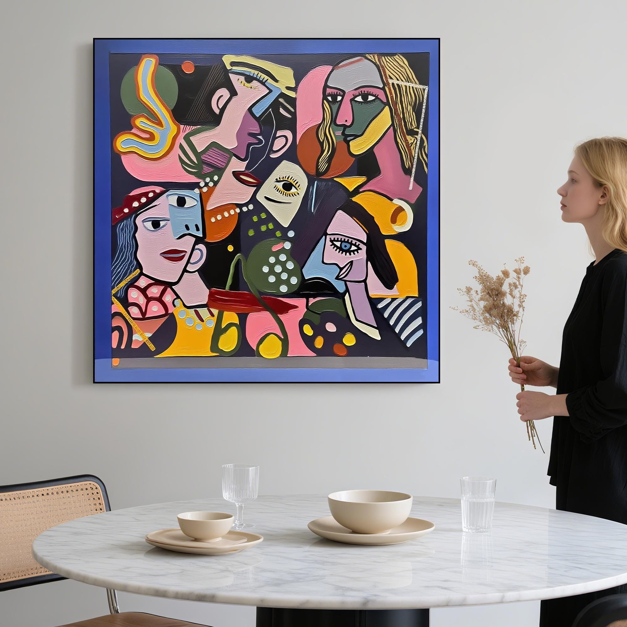 Cubist Portrait Painting on Canvas, Original Bold Figurative Wall Art, Hand Painted Abstract Faces Artwork for Modern Eclectic Decor