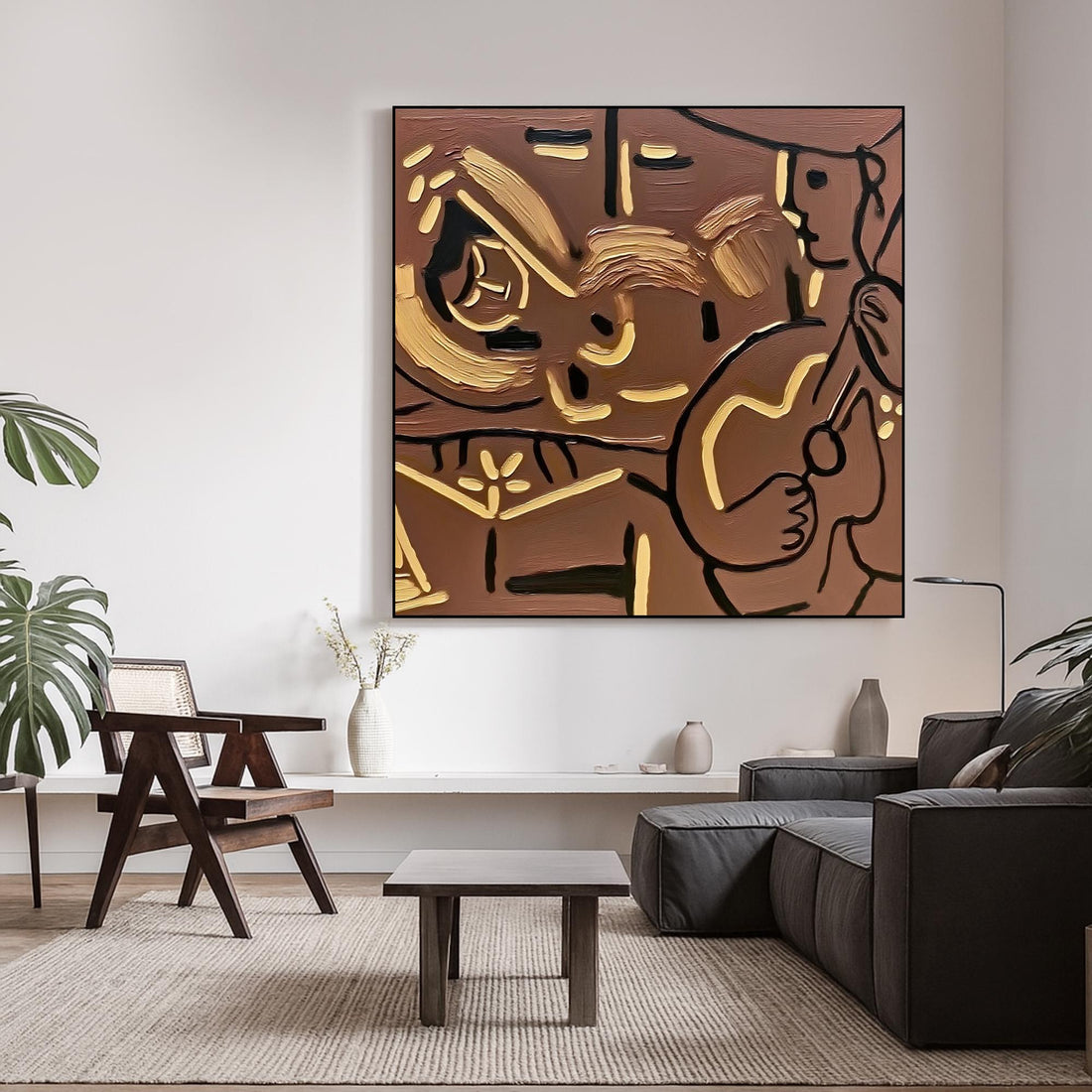 The image is an abstract painting featuring a woman lying down and playing a guitar.