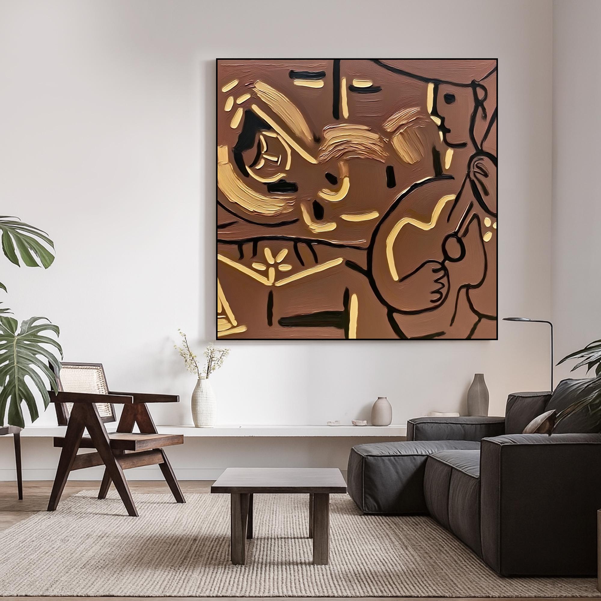 Guitar Player Painting on Canvas, Textured Brown and Gold Modern Oil Artwork, Hand Painted Minimalist Musician Wall Art for Studio Decor
