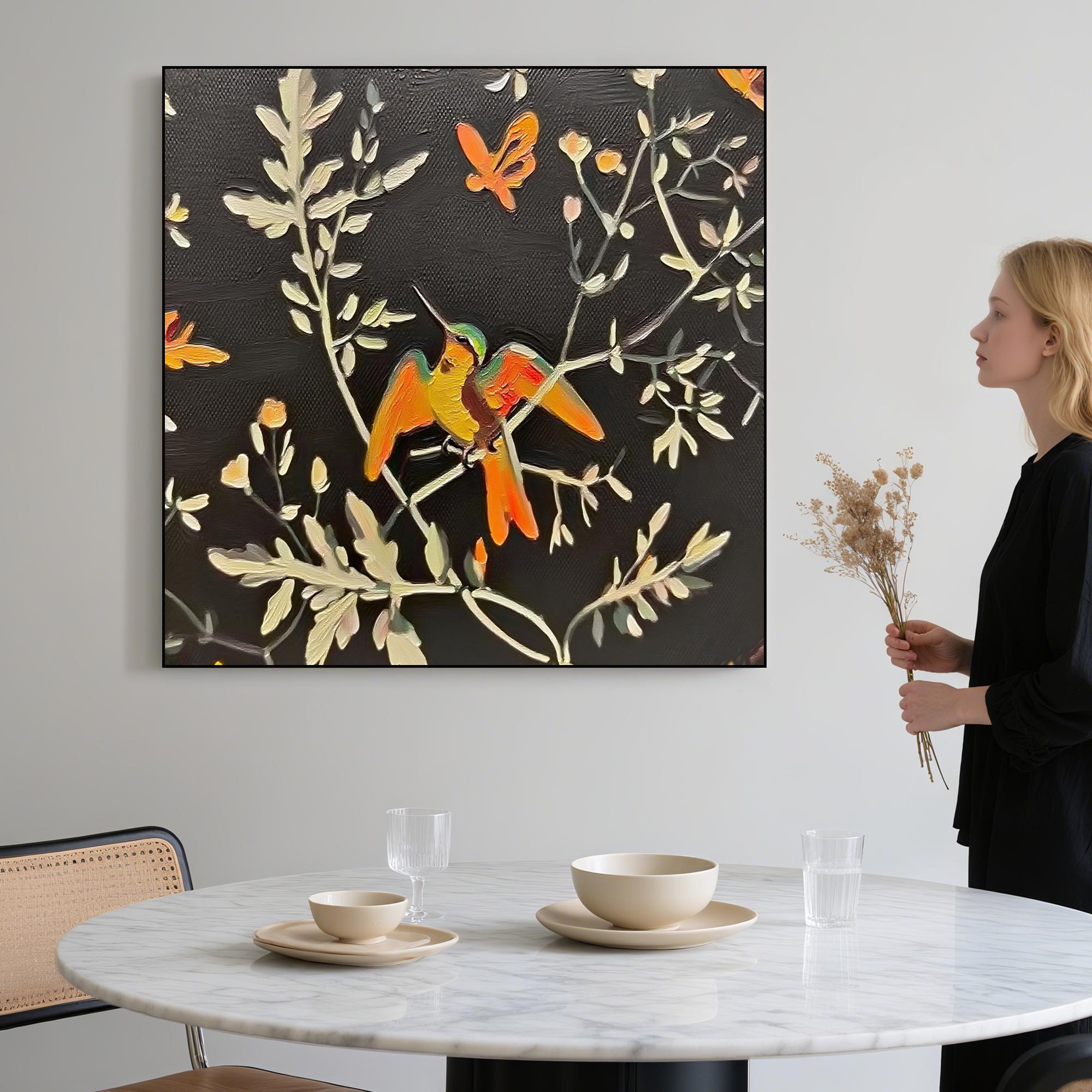 Hummingbird Oil Painting on Canvas, Textured Nature Wall Art with Dark Background, Hand Painted Bird and Floral Artwork for Cozy Home Decor