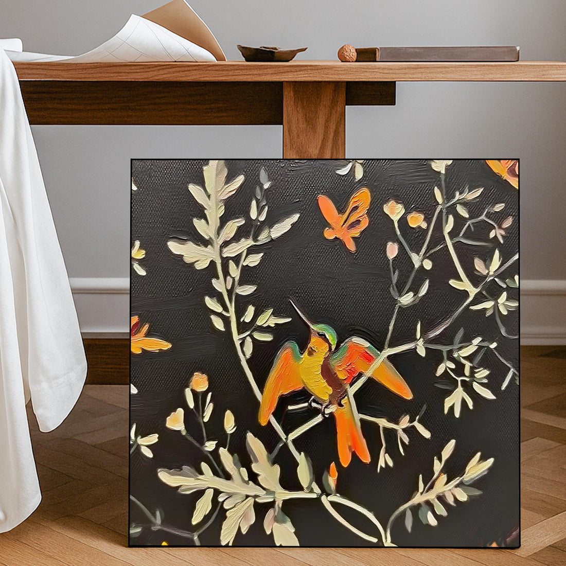 The image is a painting of a bird perched on a branch, surrounded by flowers and leaves in various colors.