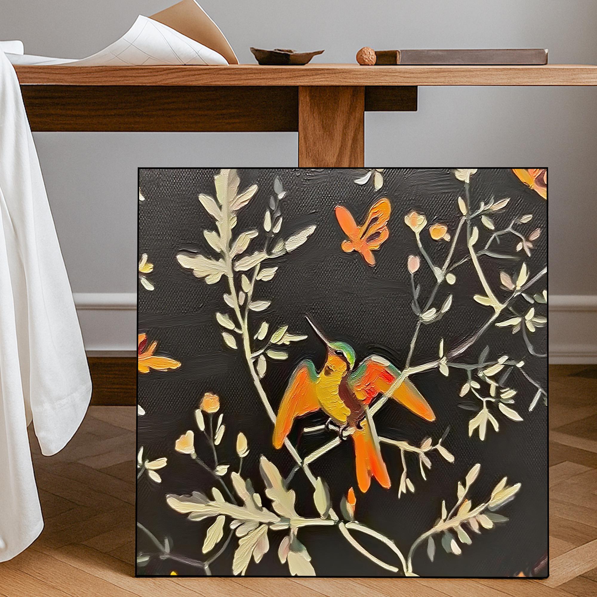 Hummingbird Oil Painting on Canvas, Textured Nature Wall Art with Dark Background, Hand Painted Bird and Floral Artwork for Cozy Home Decor