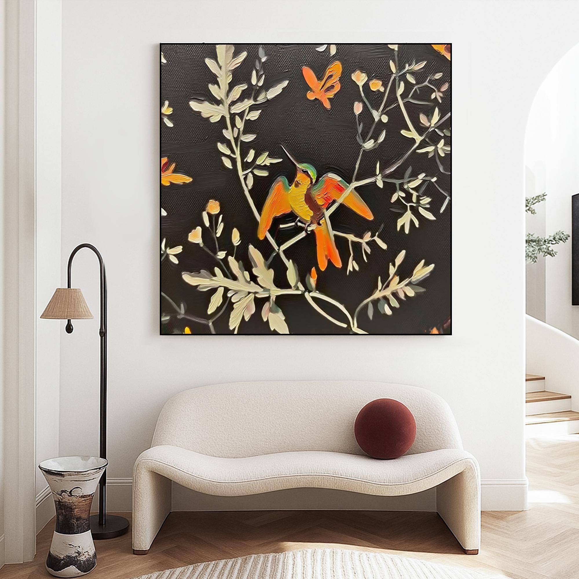 Hummingbird Oil Painting on Canvas, Textured Nature Wall Art with Dark Background, Hand Painted Bird and Floral Artwork for Cozy Home Decor