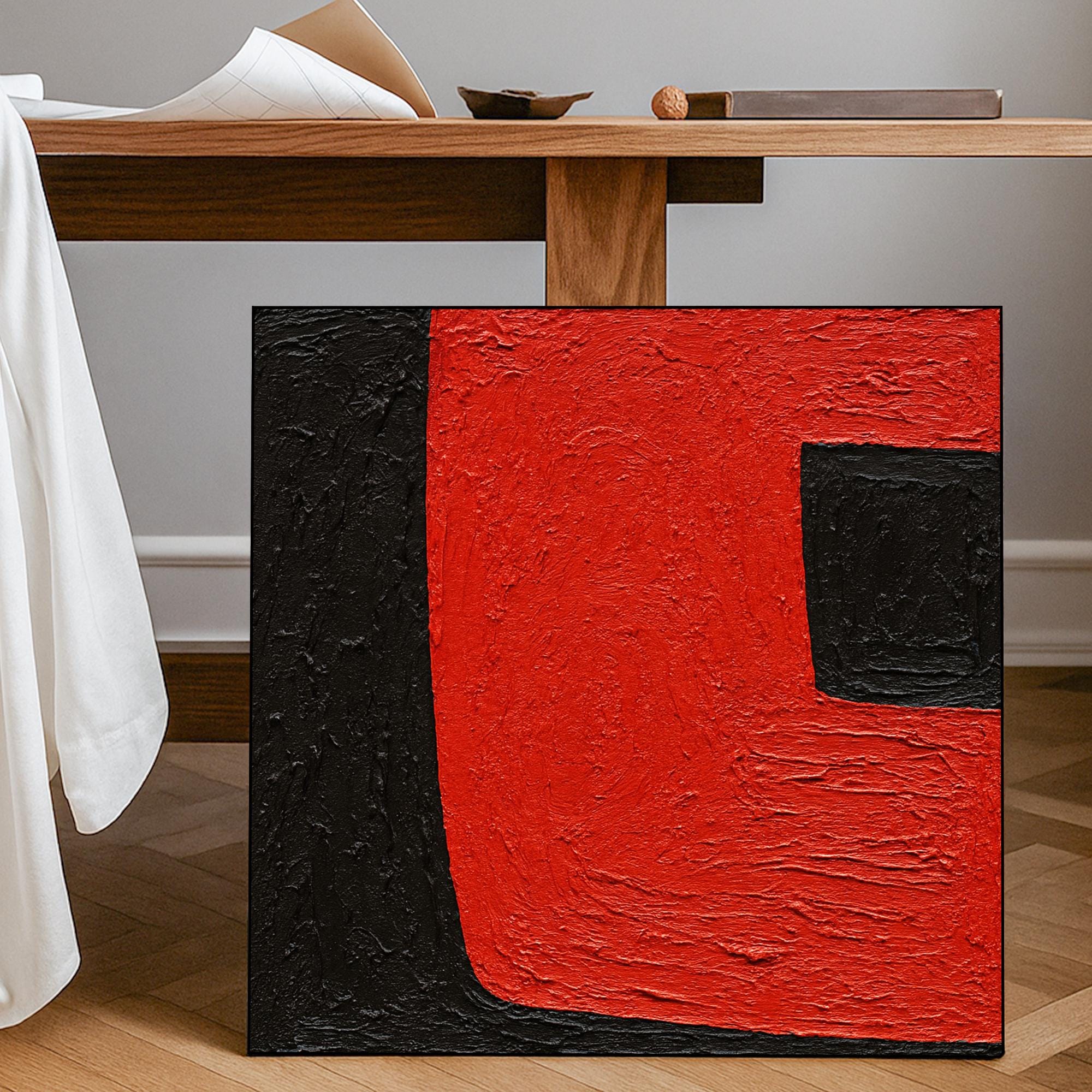 Red and Black Abstract Painting on Canvas, Bold Geometric Minimalist Oil Artwork, Hand Painted Color Block Wall Art for Modern Interiors