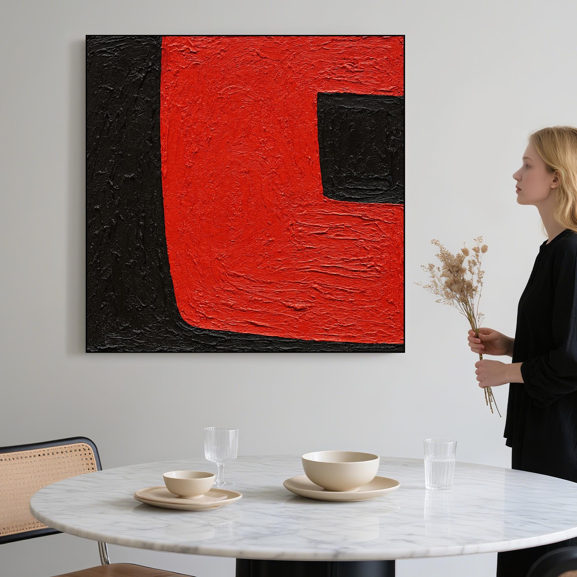 Red and Black Abstract Painting on Canvas, Bold Geometric Minimalist Oil Artwork, Hand Painted Color Block Wall Art for Modern Interiors