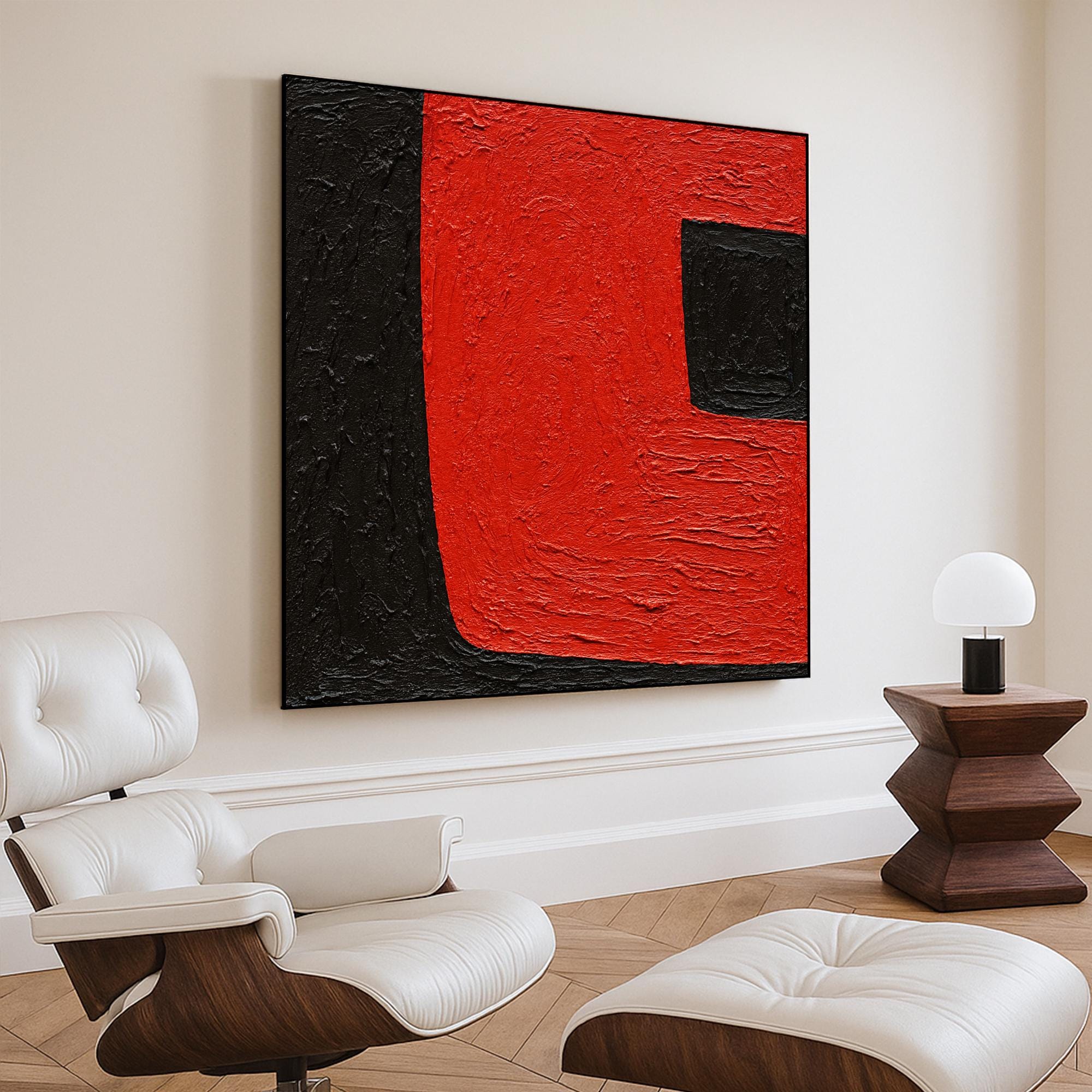 Red and Black Abstract Painting on Canvas, Bold Geometric Minimalist Oil Artwork, Hand Painted Color Block Wall Art for Modern Interiors
