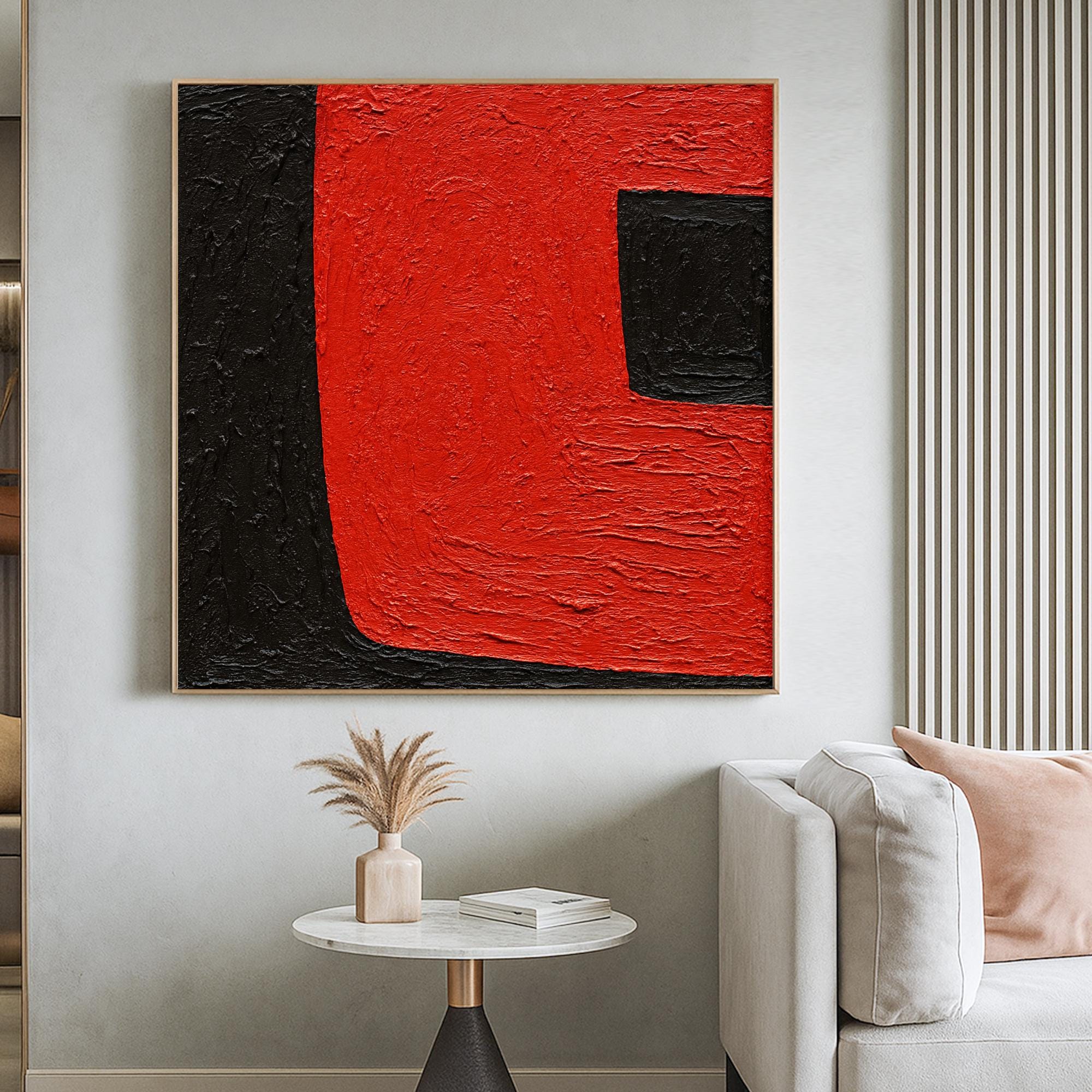 Red and Black Abstract Painting on Canvas, Bold Geometric Minimalist Oil Artwork, Hand Painted Color Block Wall Art for Modern Interiors