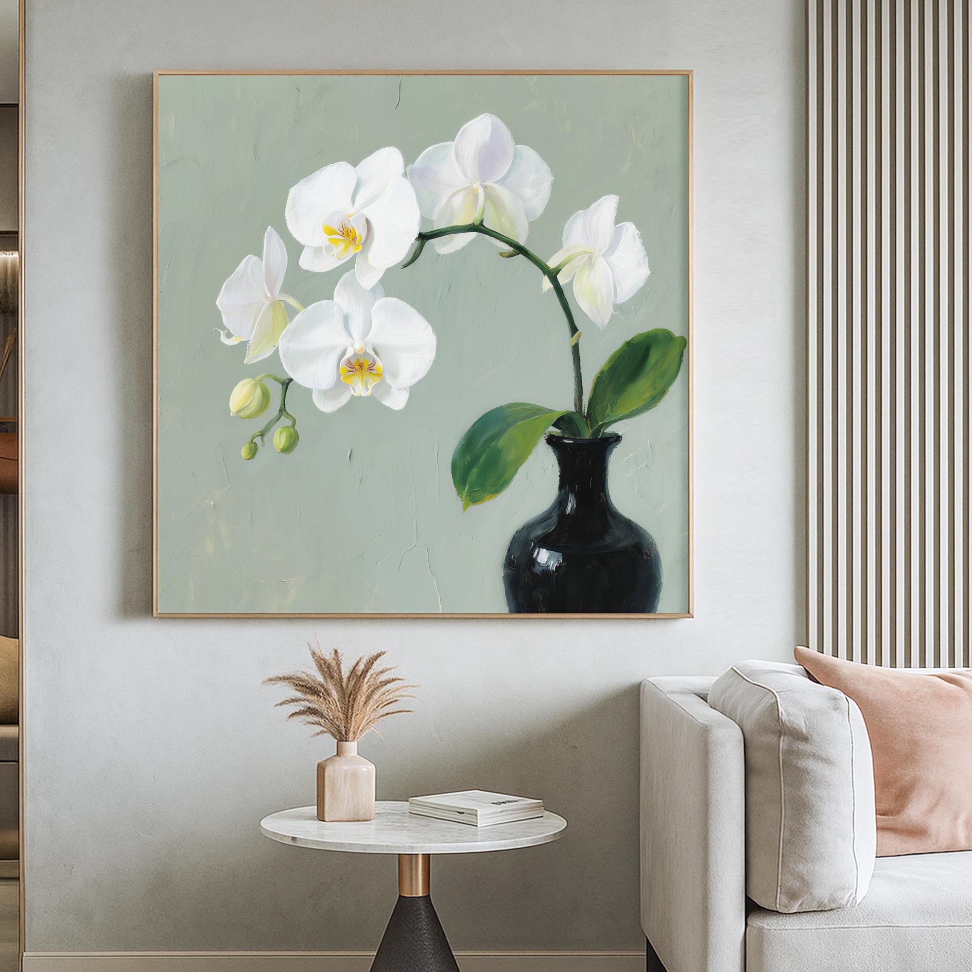 White Orchid Flower Oil Painting on Canvas, Elegant Botanical Still Life Wall Art, Hand Painted Floral Artwork for Calm Living Room Decor