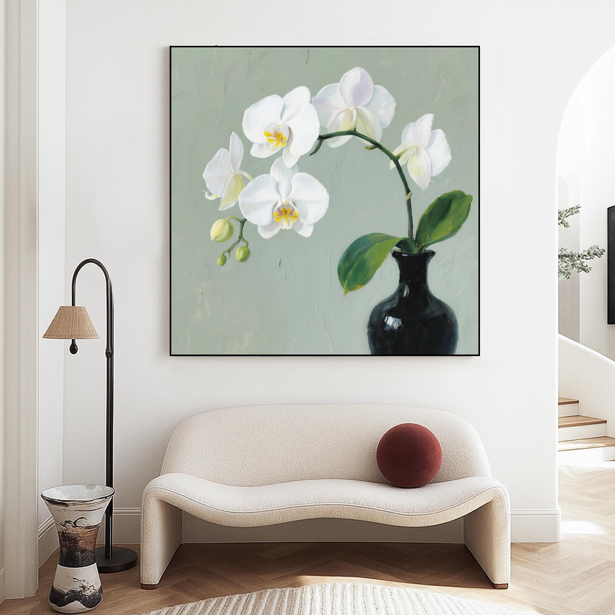 White Orchid Flower Oil Painting on Canvas, Elegant Botanical Still Life Wall Art, Hand Painted Floral Artwork for Calm Living Room Decor