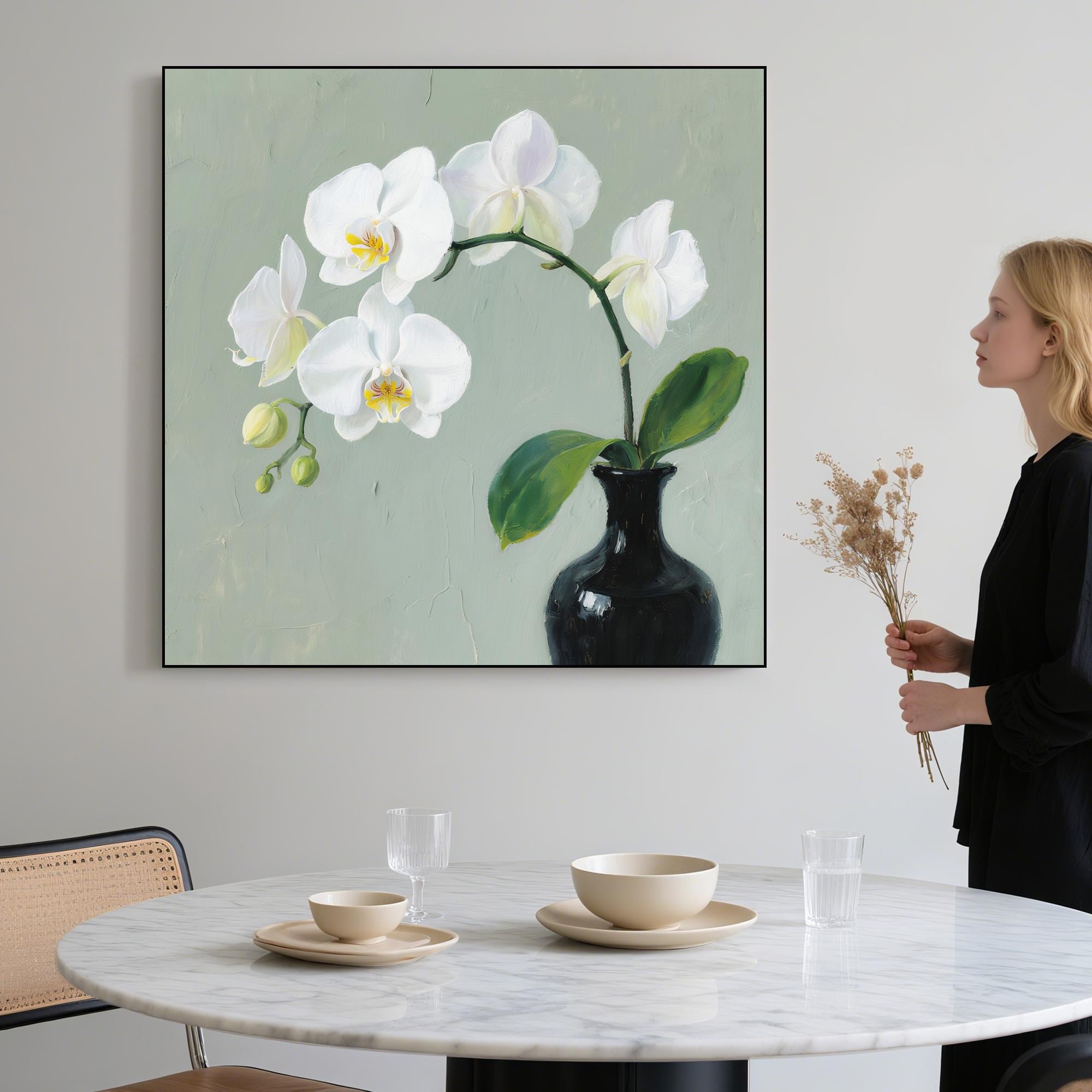 White Orchid Flower Oil Painting on Canvas, Elegant Botanical Still Life Wall Art, Hand Painted Floral Artwork for Calm Living Room Decor