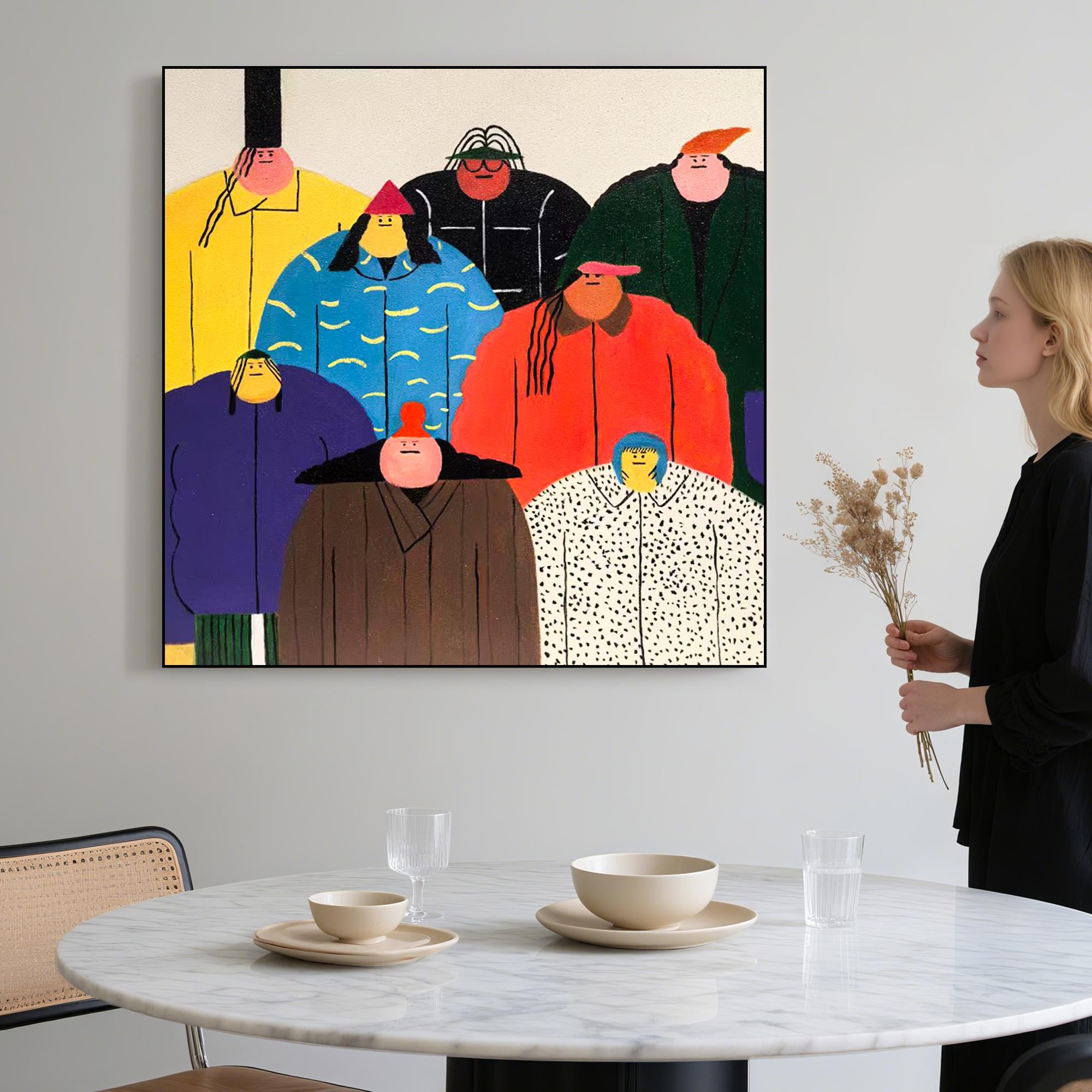 Abstract People Painting on Canvas, Hand Painted Whimsical Group Portrait Wall Art, Bold Cartoon Character Artwork for Modern Home Decor