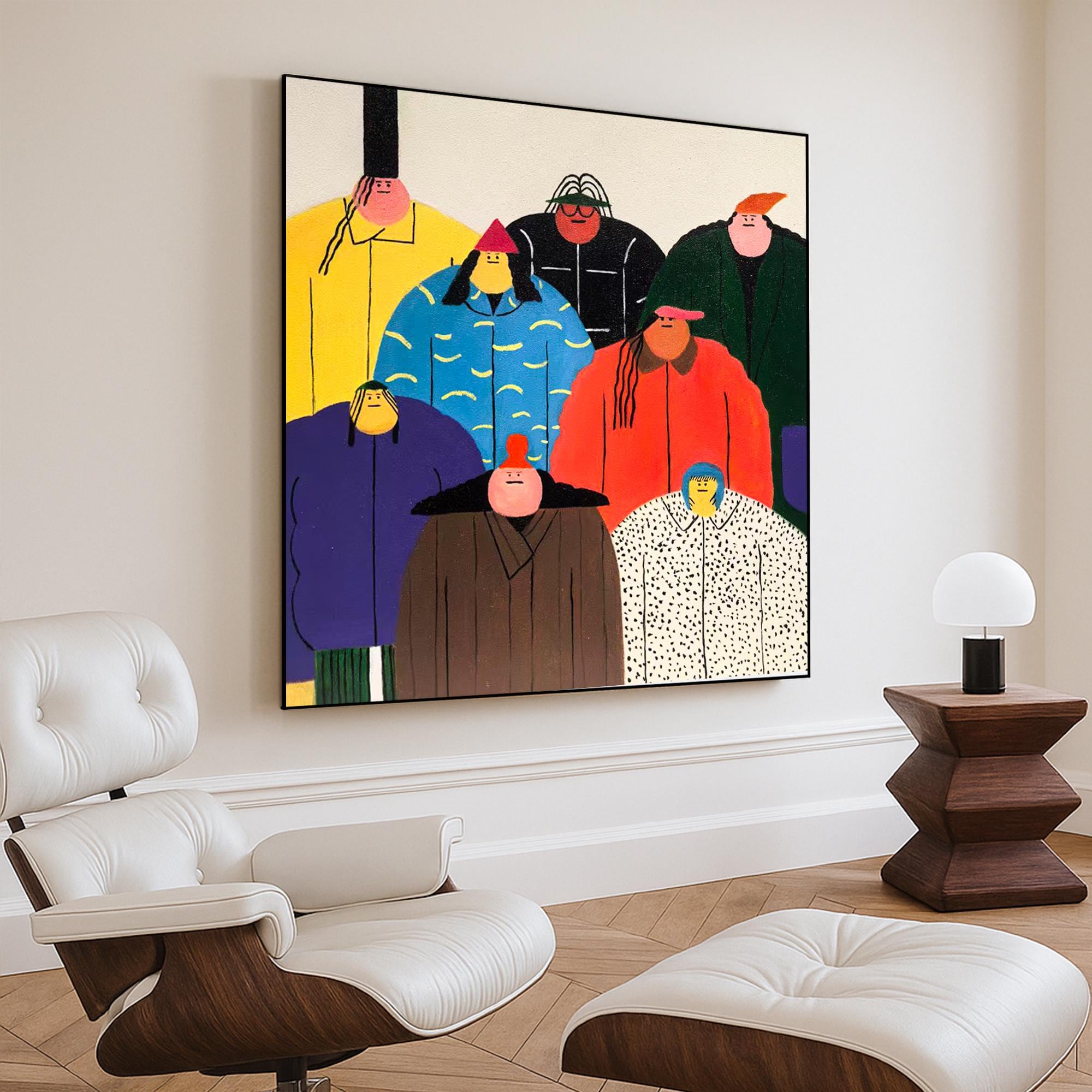 Abstract People Painting on Canvas, Hand Painted Whimsical Group Portrait Wall Art, Bold Cartoon Character Artwork for Modern Home Decor