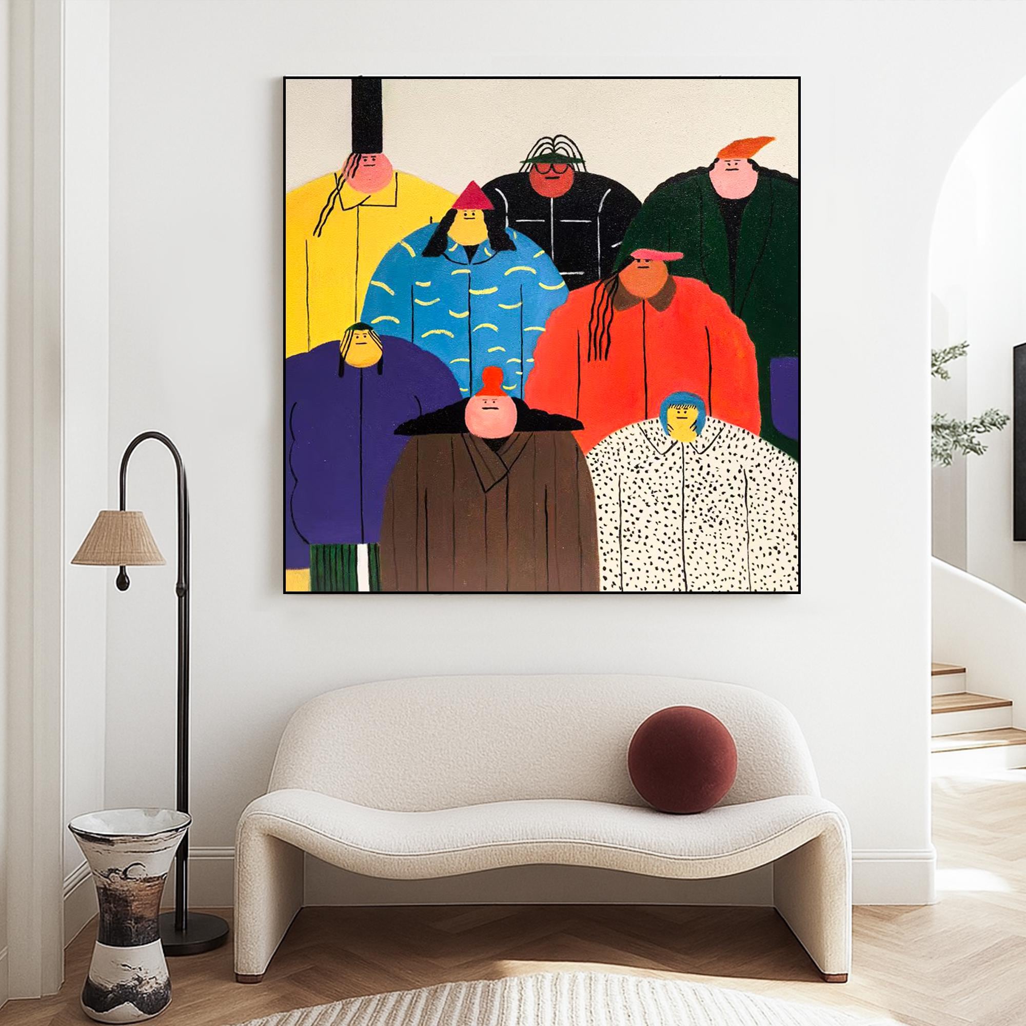 Abstract People Painting on Canvas, Hand Painted Whimsical Group Portrait Wall Art, Bold Cartoon Character Artwork for Modern Home Decor