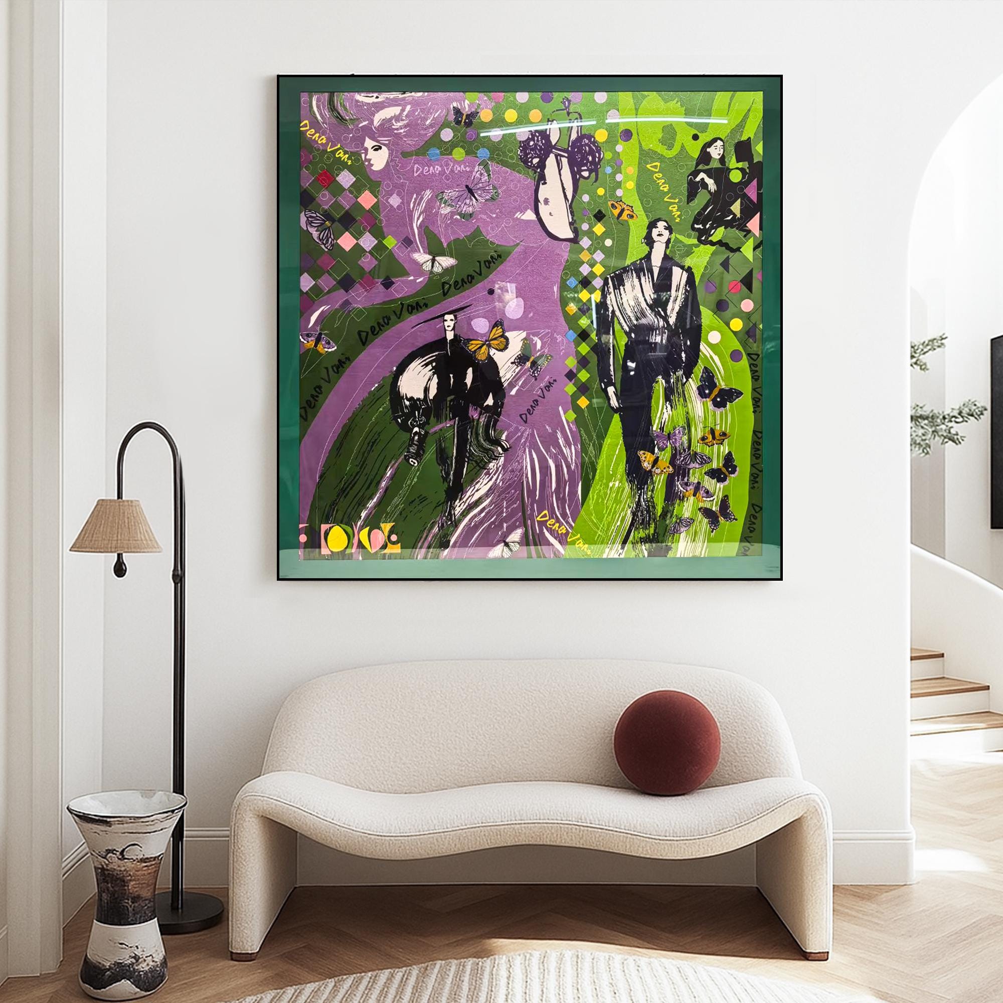 Collage Style Painting on Canvas, Hand Painted Pop Art with Butterflies and Figures,Green and Purple Mixed Media Wall Art for Trendy Decor