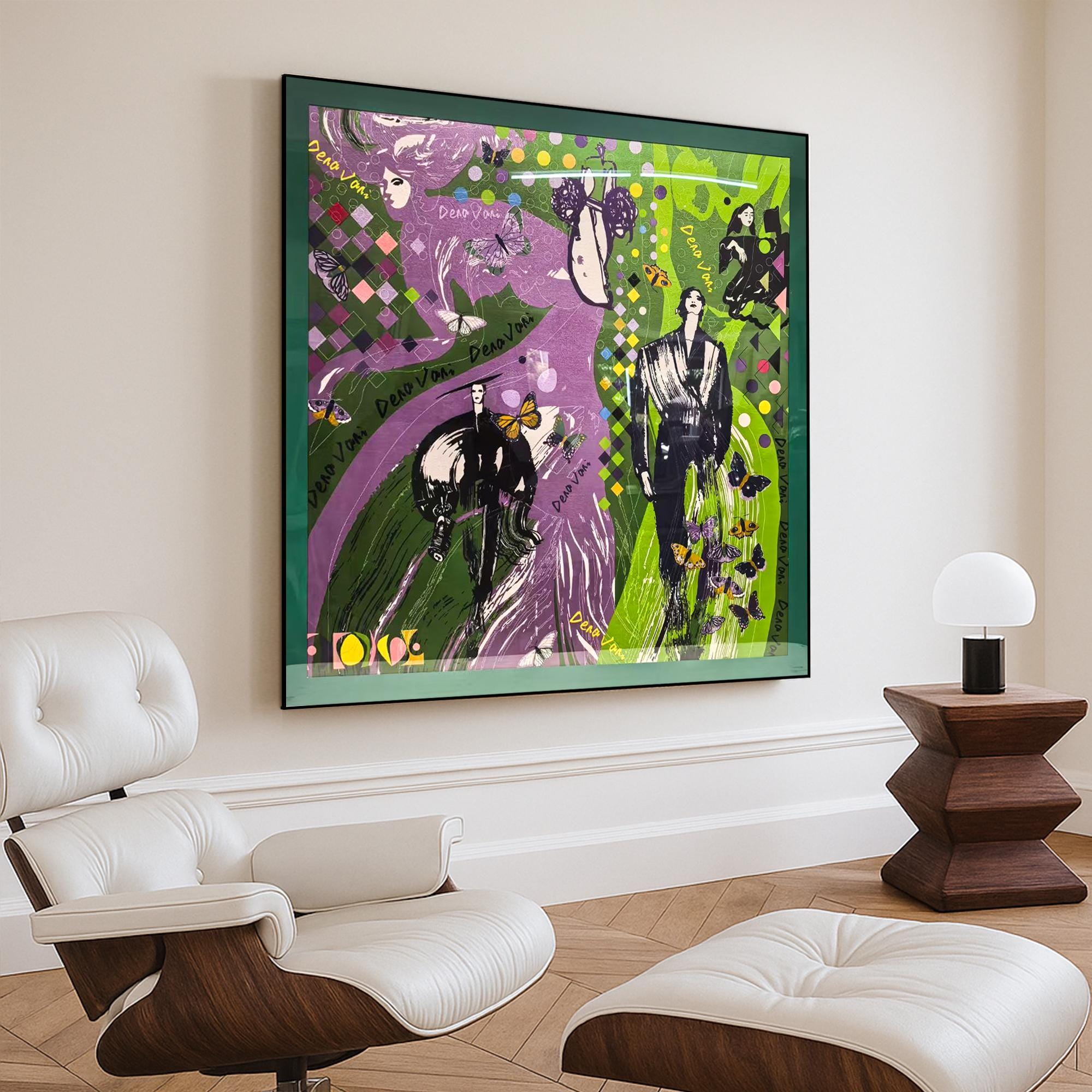Collage Style Painting on Canvas, Hand Painted Pop Art with Butterflies and Figures,Green and Purple Mixed Media Wall Art for Trendy Decor