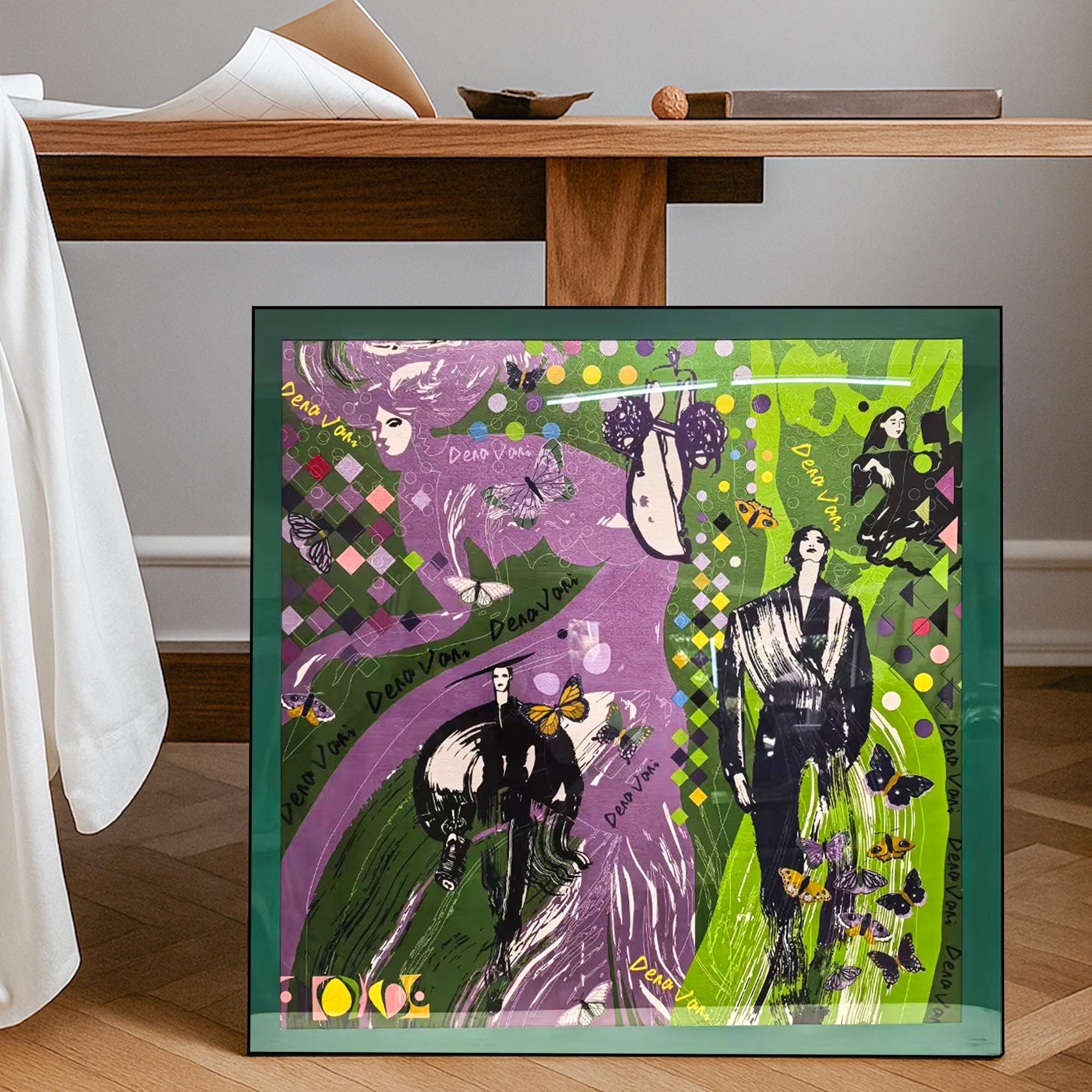 Collage Style Painting on Canvas, Hand Painted Pop Art with Butterflies and Figures,Green and Purple Mixed Media Wall Art for Trendy Decor