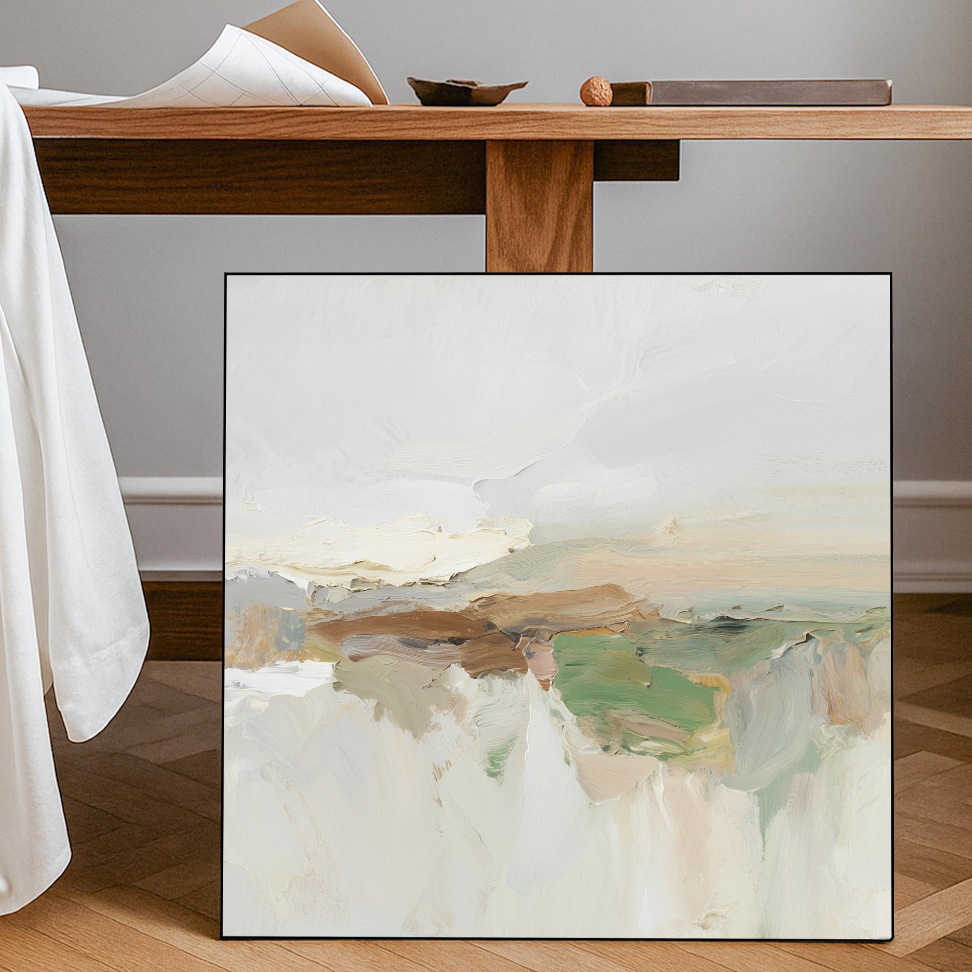 Abstract Landscape Oil Painting on Canvas, Textured Earth Tone Wall Art, Minimalist Hand Painted Modern Artwork for Calm Living Room Decor
