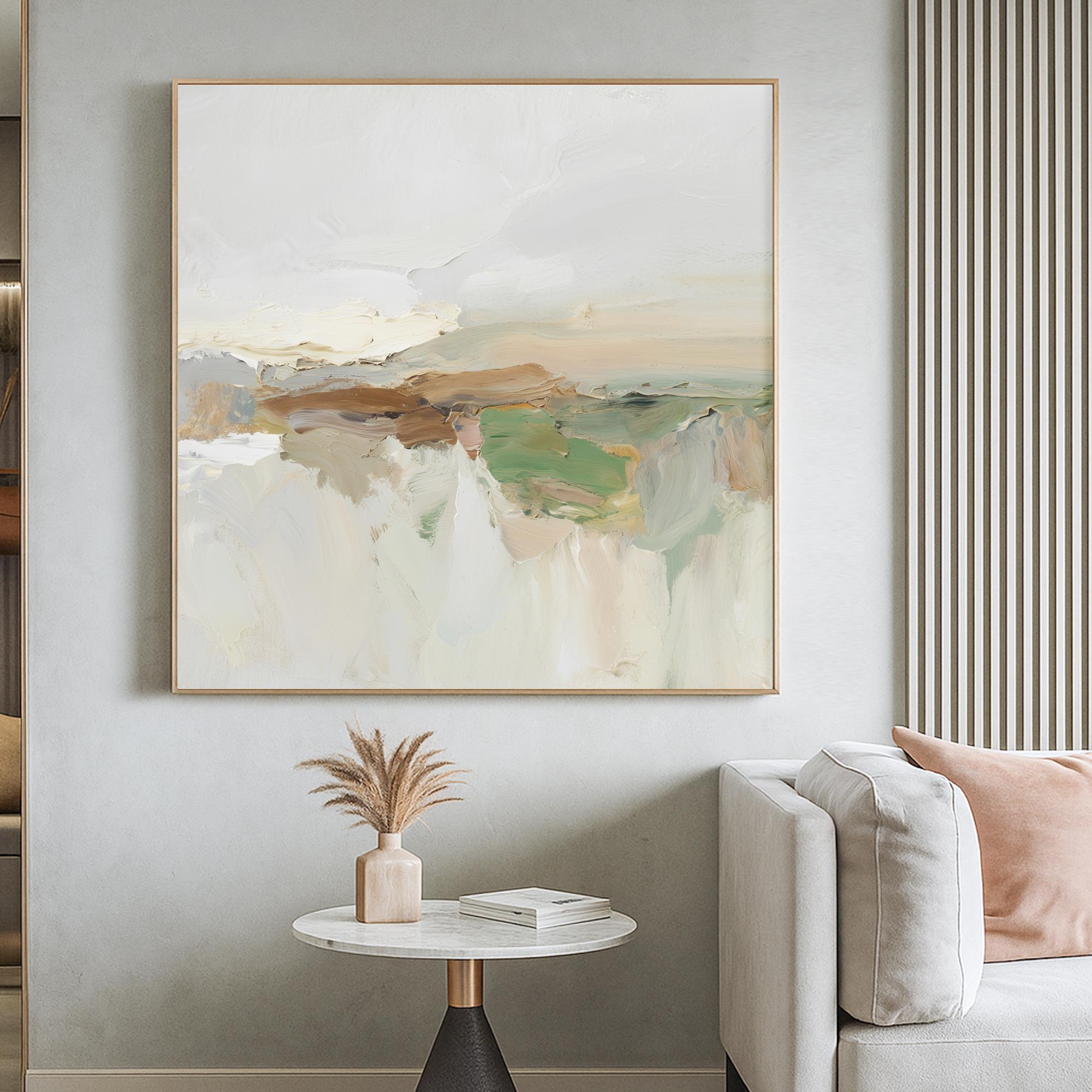 Abstract Landscape Oil Painting on Canvas, Textured Earth Tone Wall Art, Minimalist Hand Painted Modern Artwork for Calm Living Room Decor