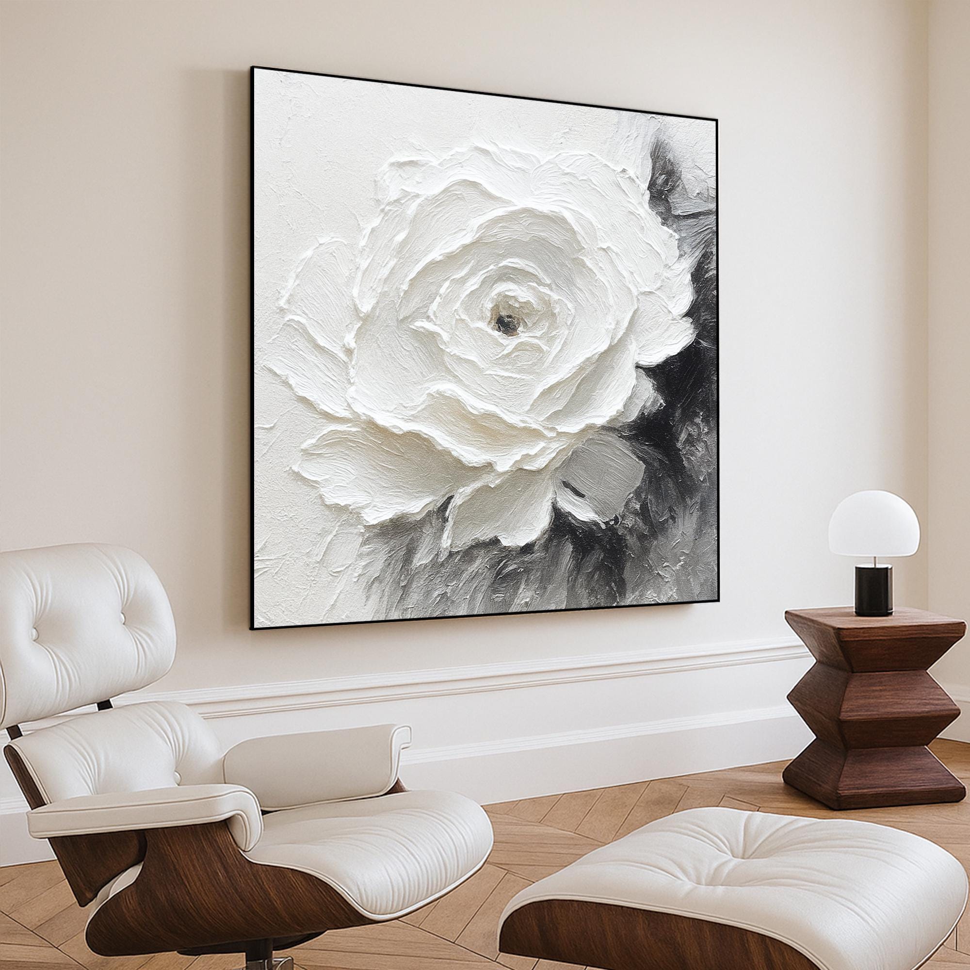 White Rose Painting on Canvas, Black and White  Wall Art, Minimalist Thick Oil Flower Artwork, Elegant Neutral Decor for Bedroom or Gift