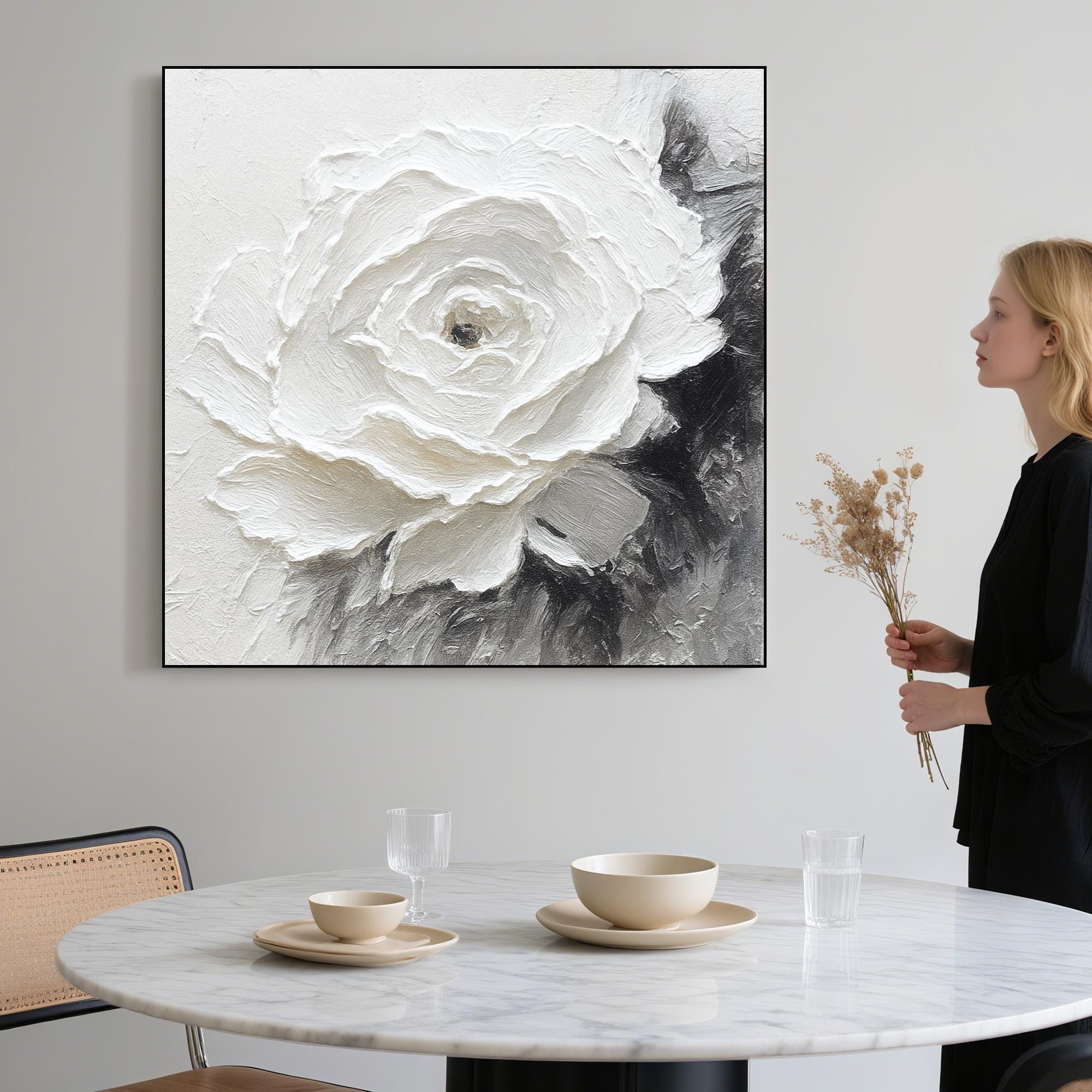White Rose Painting on Canvas, Black and White  Wall Art, Minimalist Thick Oil Flower Artwork, Elegant Neutral Decor for Bedroom or Gift