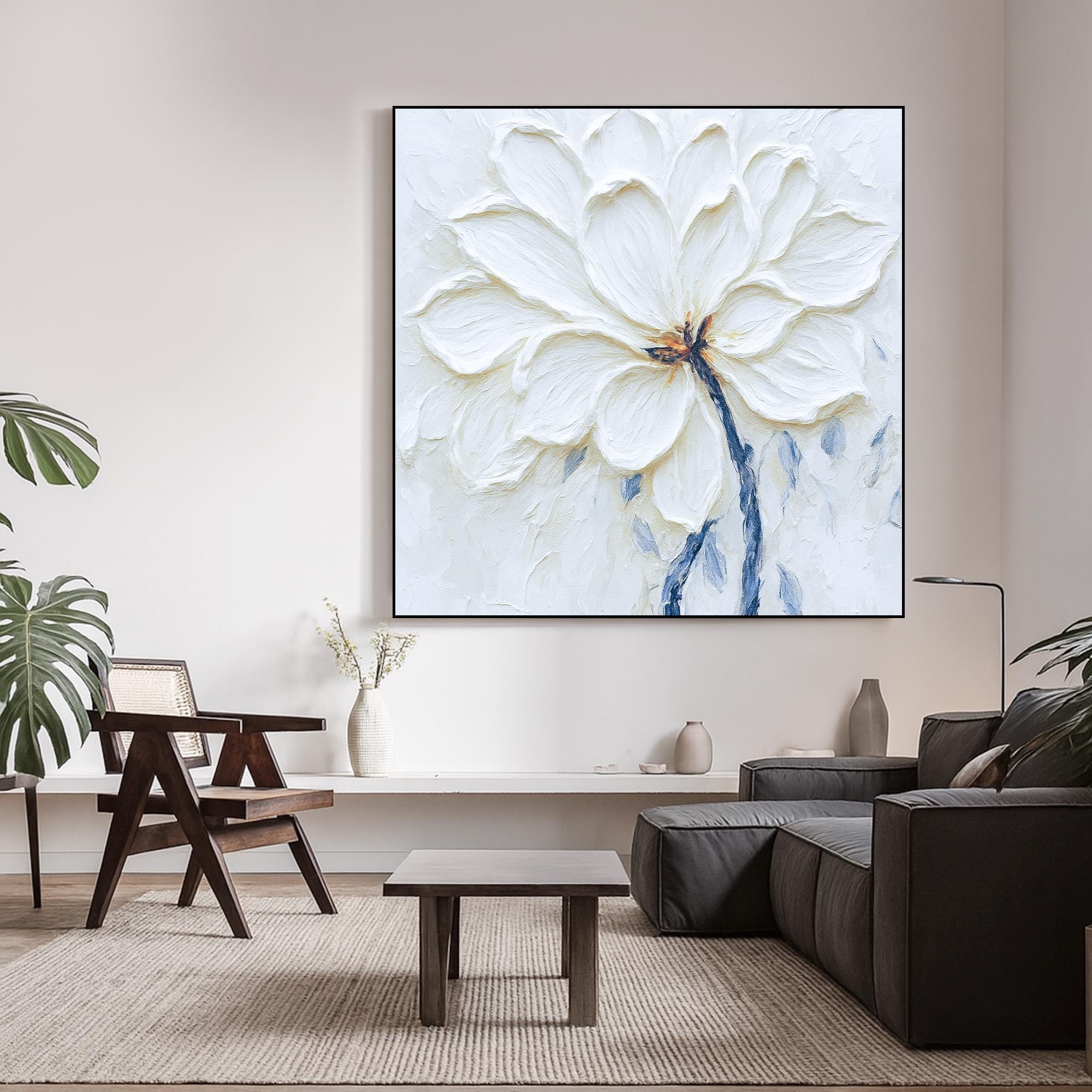 Textured White Flower Oil Painting on Canvas, Floral Wall Art with Petals, Hand Painted Neutral Art for Bedroom or Elegant Modern Decor