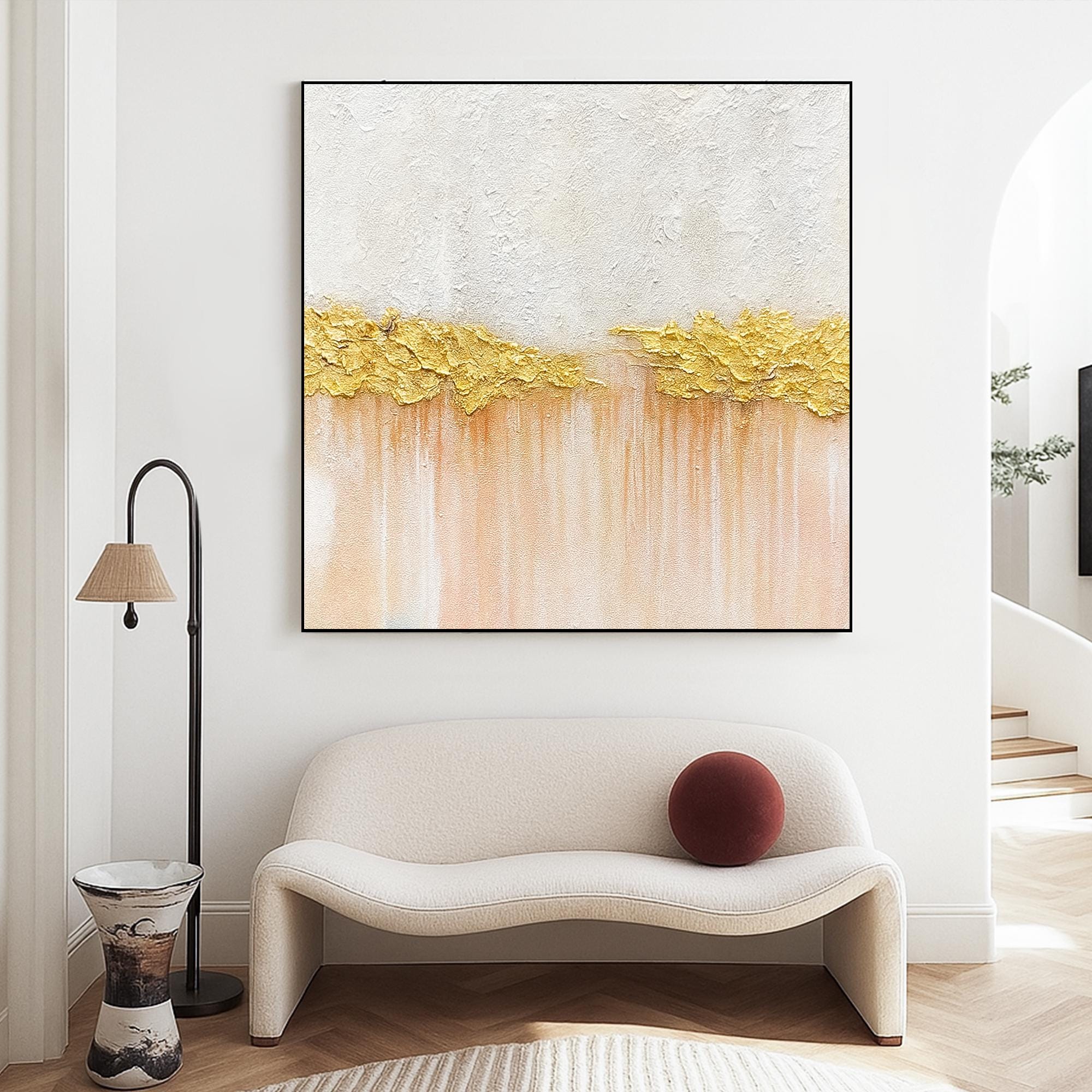Textured Gold Leaf Abstract Painting on Canvas, Hand Painted Neutral Wall Art with Blush Peach Gradient, Artwork for Bedroom or Entryway