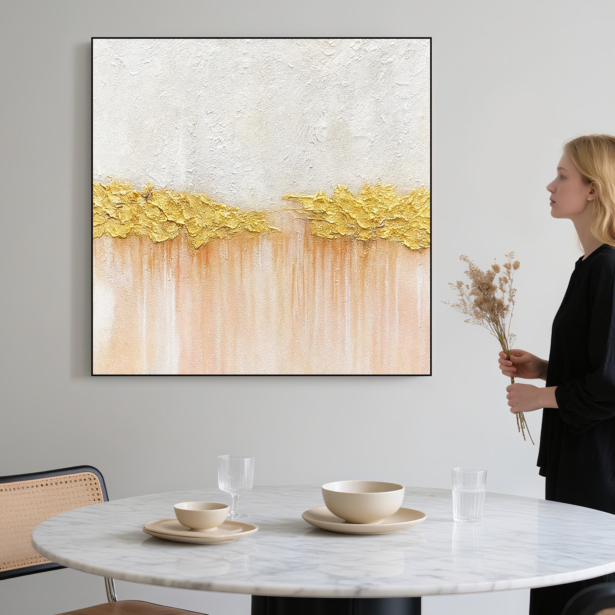 Textured Gold Leaf Abstract Painting on Canvas, Hand Painted Neutral Wall Art with Blush Peach Gradient, Artwork for Bedroom or Entryway