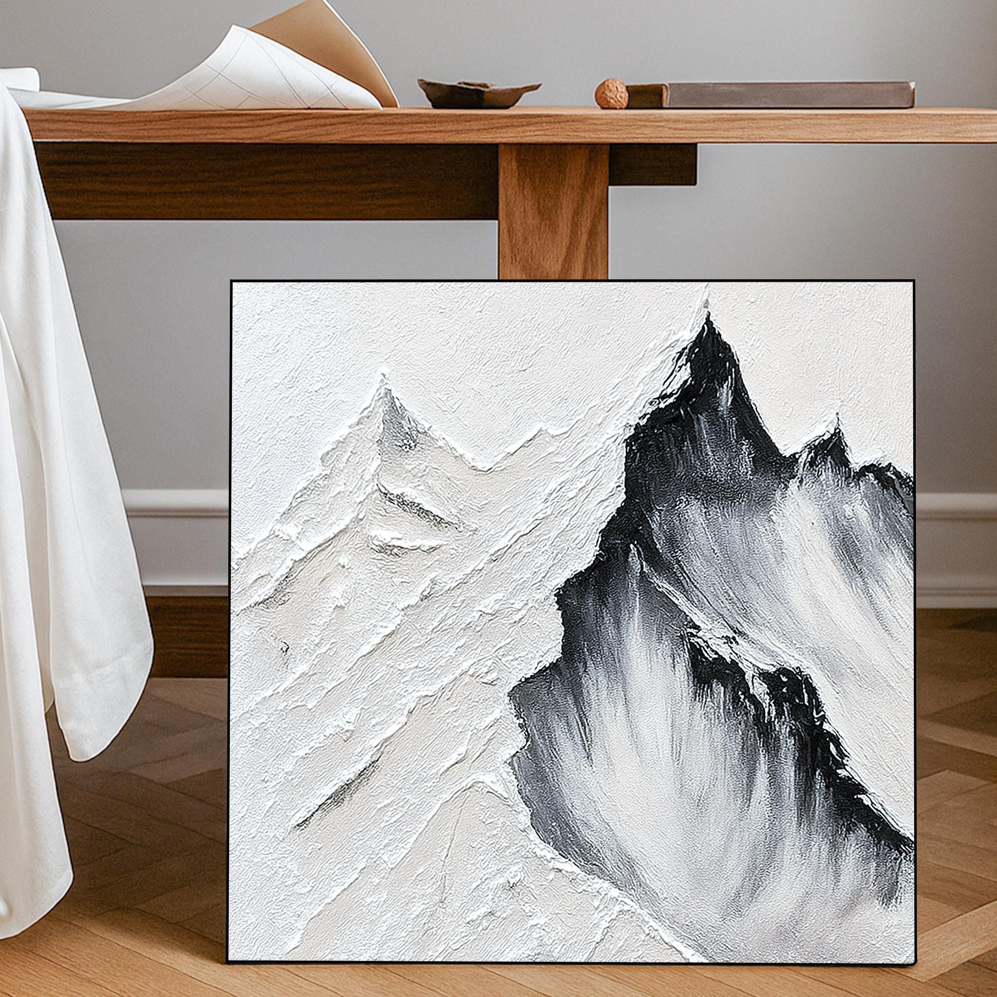 Textured Mountain Landscape Oil Painting on Canvas, Black and White Wall Art, Hand Painted Minimalist Abstract Nature Decor for Modern Home