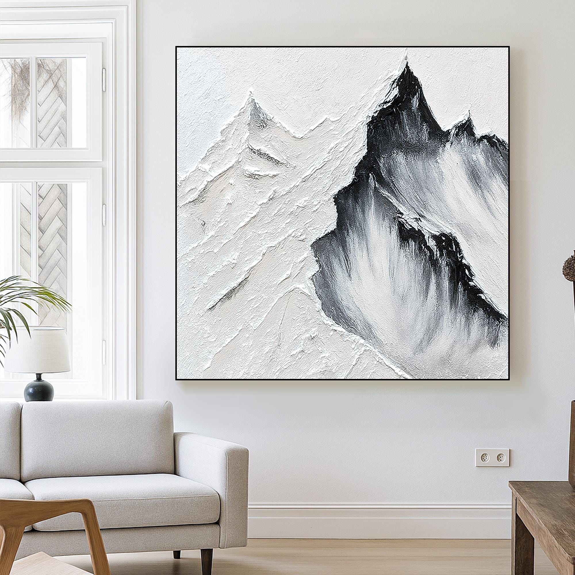 Textured Mountain Landscape Oil Painting on Canvas, Black and White Wall Art, Hand Painted Minimalist Abstract Nature Decor for Modern Home