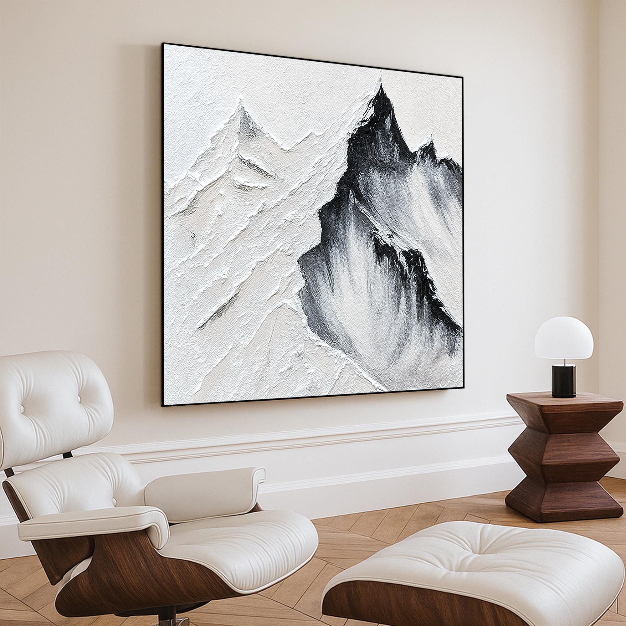 Textured Mountain Landscape Oil Painting on Canvas, Black and White Wall Art, Hand Painted Minimalist Abstract Nature Decor for Modern Home
