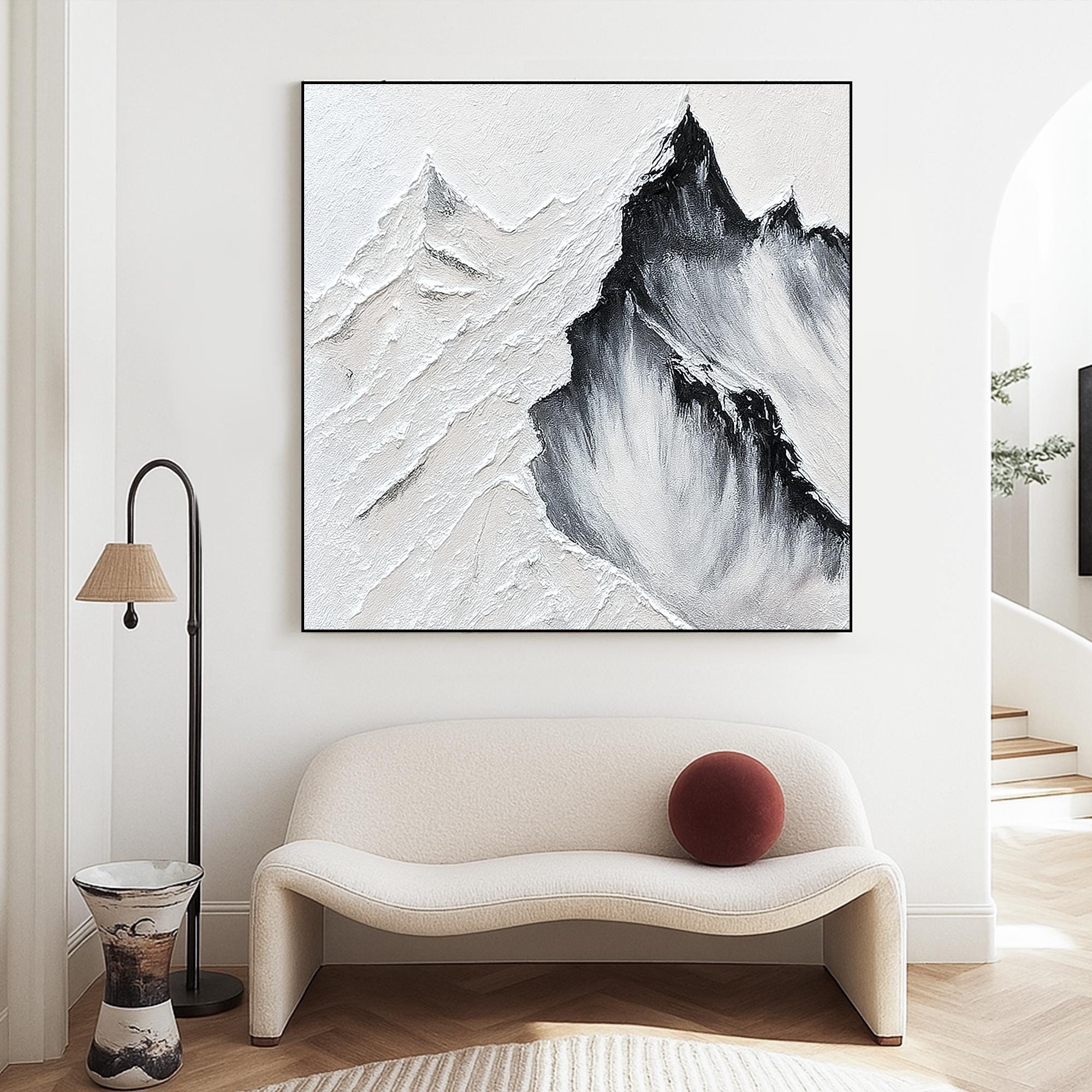 Textured Mountain Landscape Oil Painting on Canvas, Black and White Wall Art, Hand Painted Minimalist Abstract Nature Decor for Modern Home