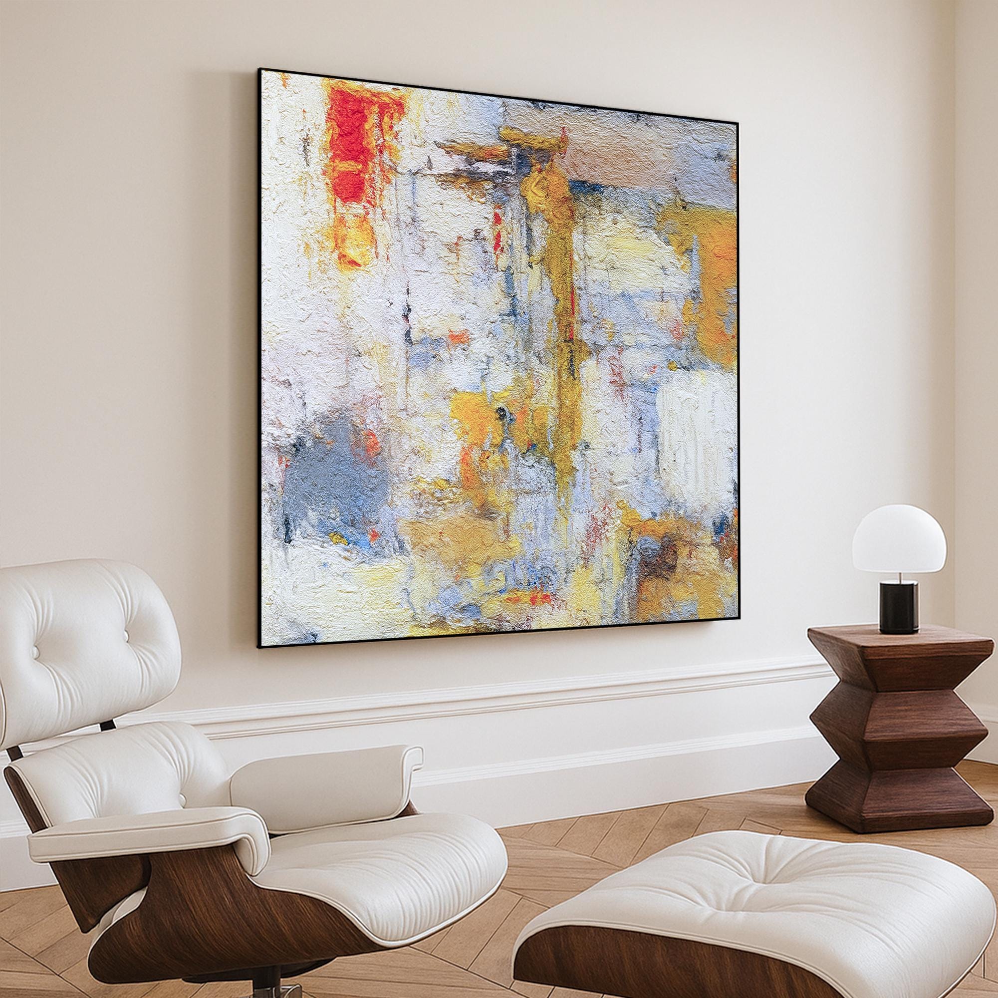 Textured Abstract Oil Painting on Canvas, Hand Painted Warm Neutral Wall Art with Yellow Red Accents, Colorful Artwork for Living Room