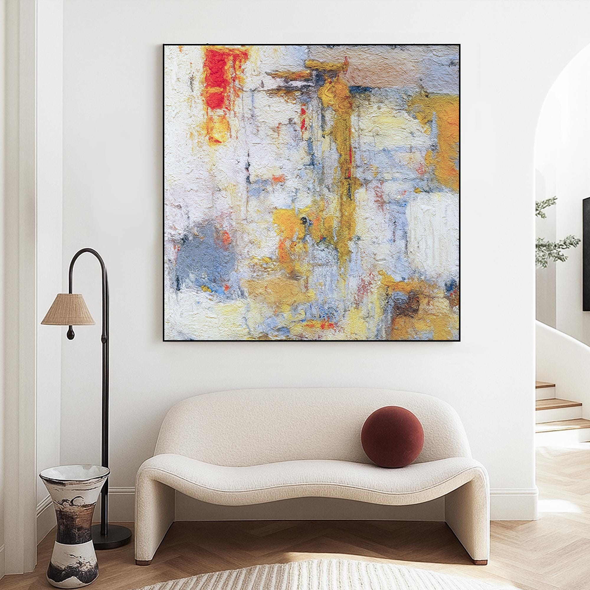 Textured Abstract Oil Painting on Canvas, Hand Painted Warm Neutral Wall Art with Yellow Red Accents, Colorful Artwork for Living Room