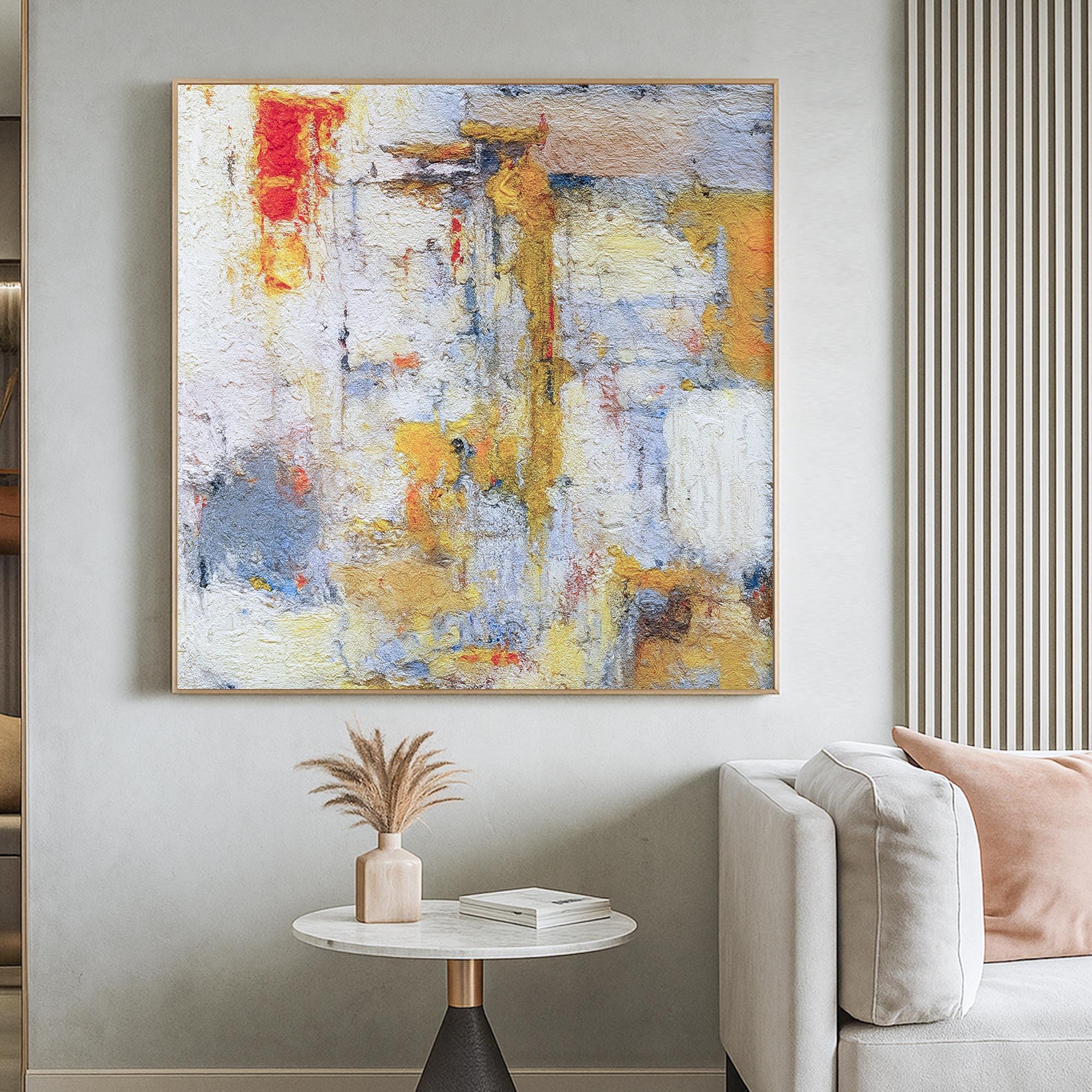 Textured Abstract Oil Painting on Canvas, Hand Painted Warm Neutral Wall Art with Yellow Red Accents, Colorful Artwork for Living Room