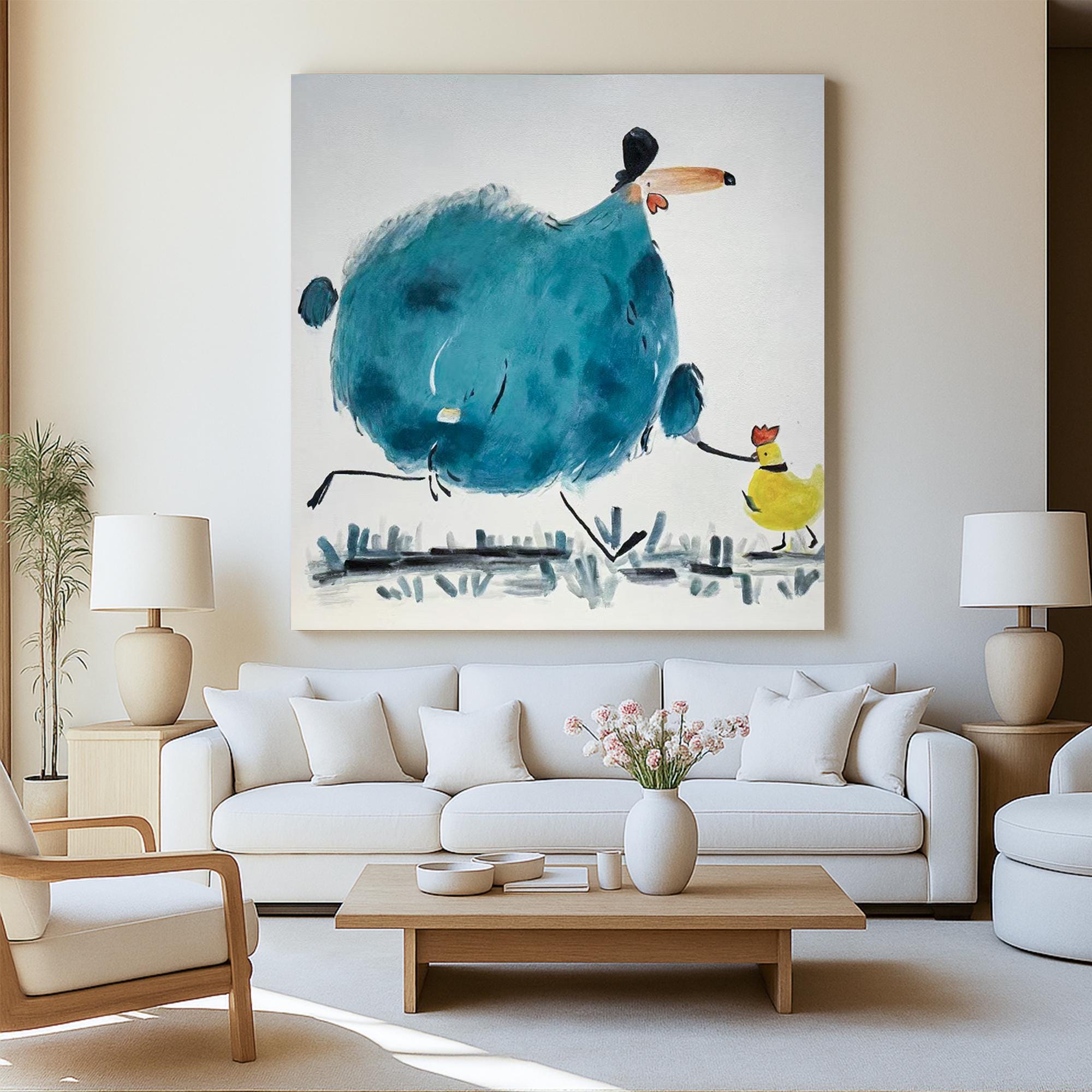 Whimsical Animal Character Painting, Hand Painted Funny Bird Family Wall Art, Colorful Cartoon Style Artwork for Playroom or Modern Nursery