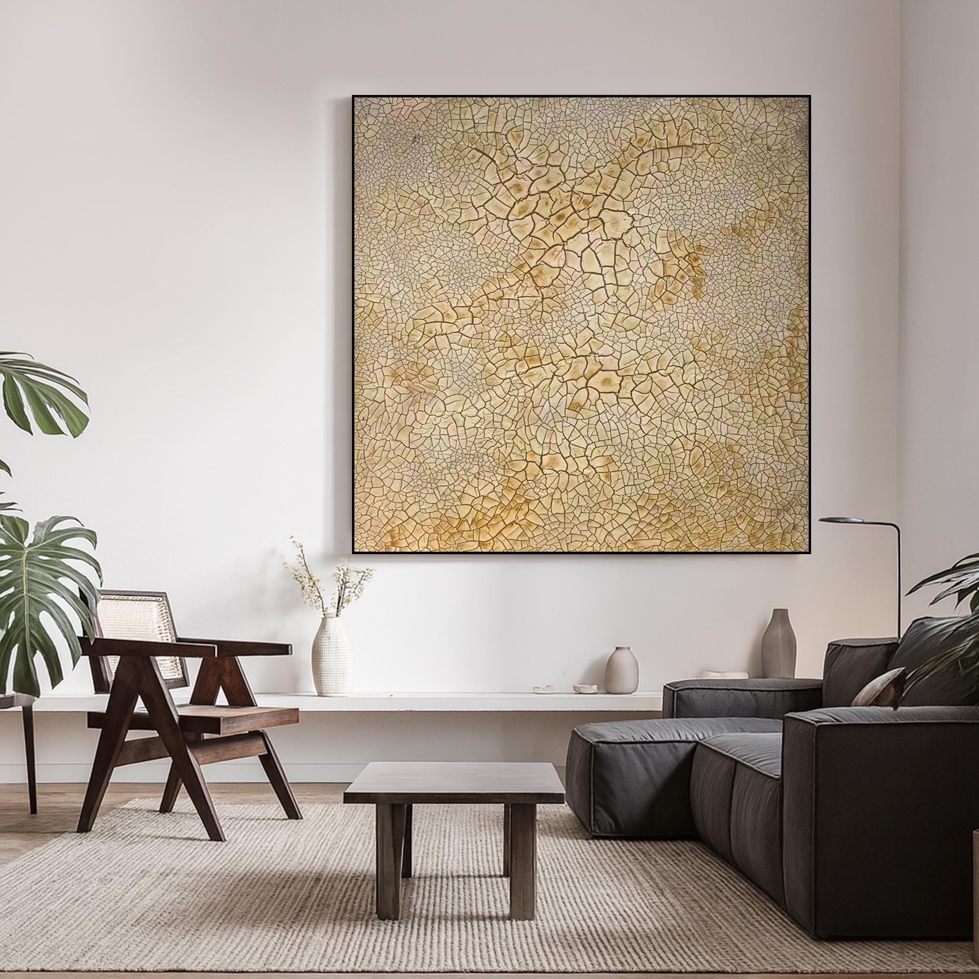 Textured Crackle Abstract Painting on Canvas, Beige Natural Wall Art with Organic Pattern, Minimalist Earth Tone Hand Painted Artwork